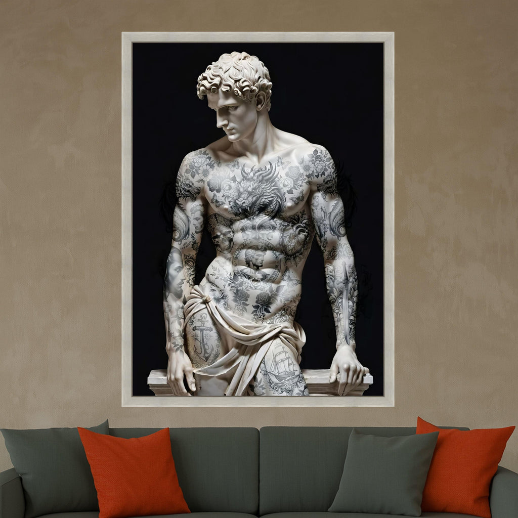 Modern Tattooed David Sculpture Canvas, Classic Art with Inked Body, Renaissance Statue Wall Art, Contemporary Home Decor, Ready To Hang,