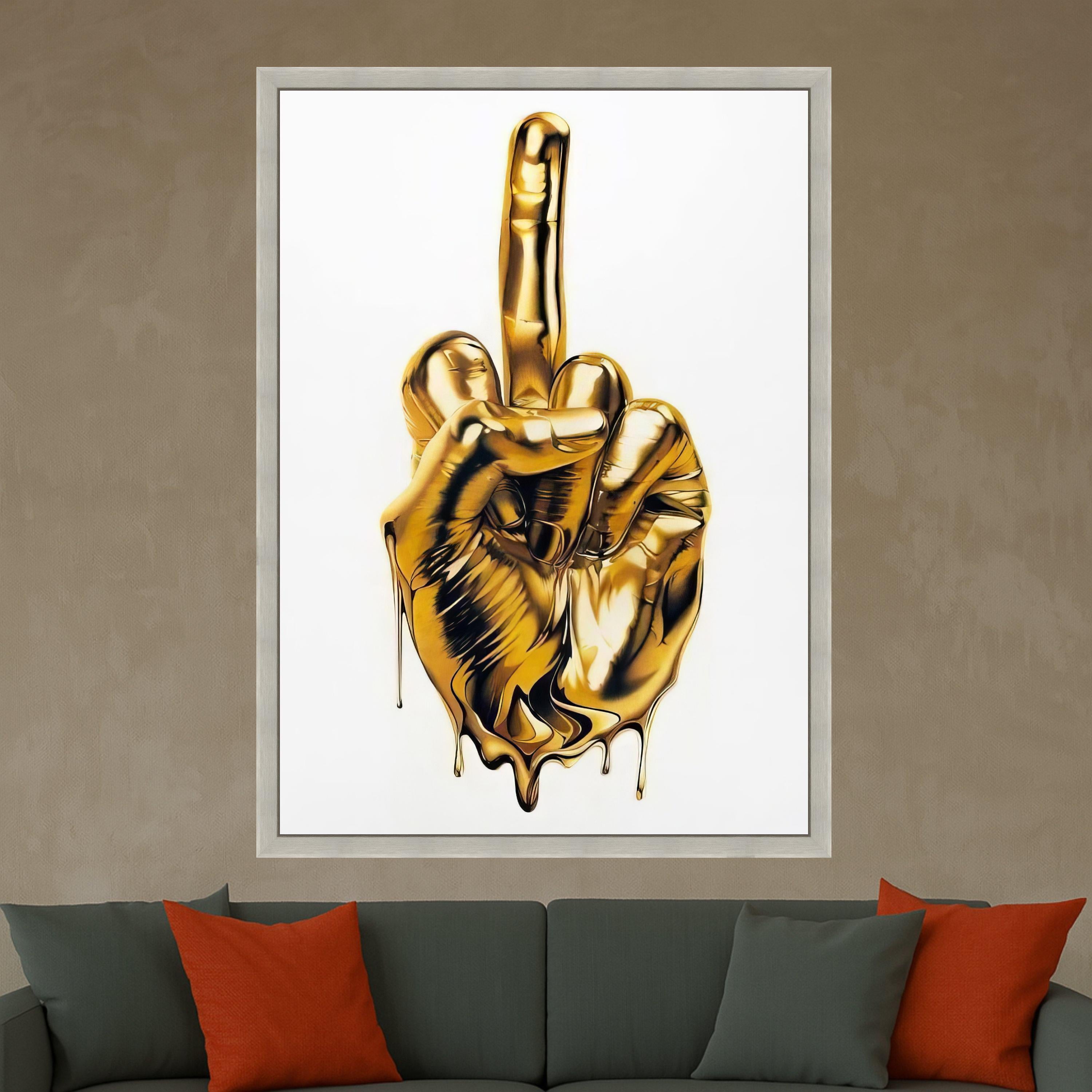 Melting Gold Hand Gesture Canvas, Modern Statement Wall Art, Bold Metallic Middle Finger Art, Contemporary Home Decor, Unique Ready To Hang,