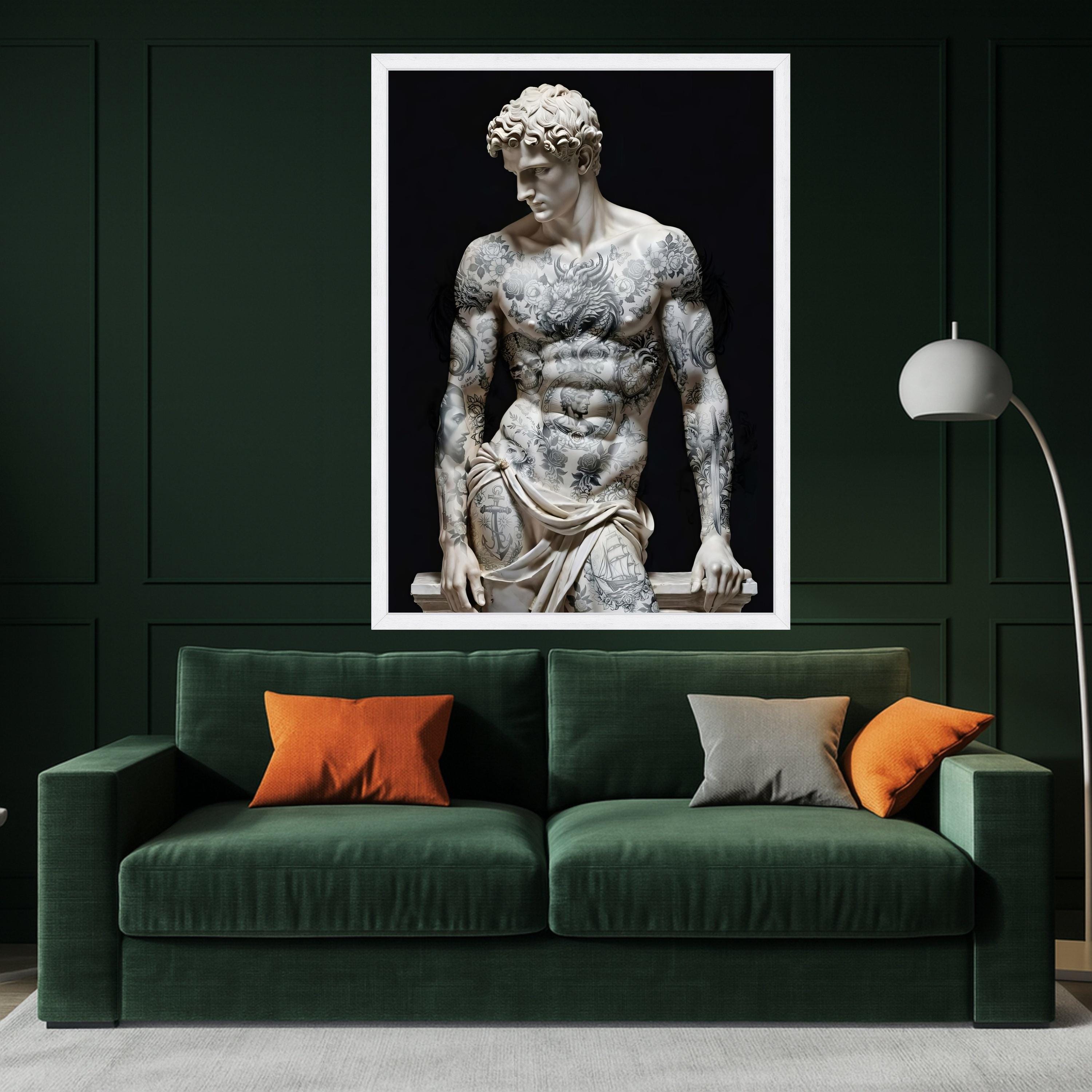 Modern Tattooed David Sculpture Canvas, Classic Art with Inked Body, Renaissance Statue Wall Art, Contemporary Home Decor, Ready To Hang,