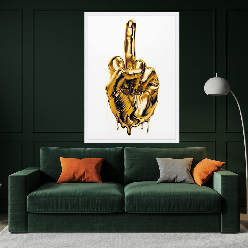 Melting Gold Hand Gesture Canvas, Modern Statement Wall Art, Bold Metallic Middle Finger Art, Contemporary Home Decor, Unique Ready To Hang,