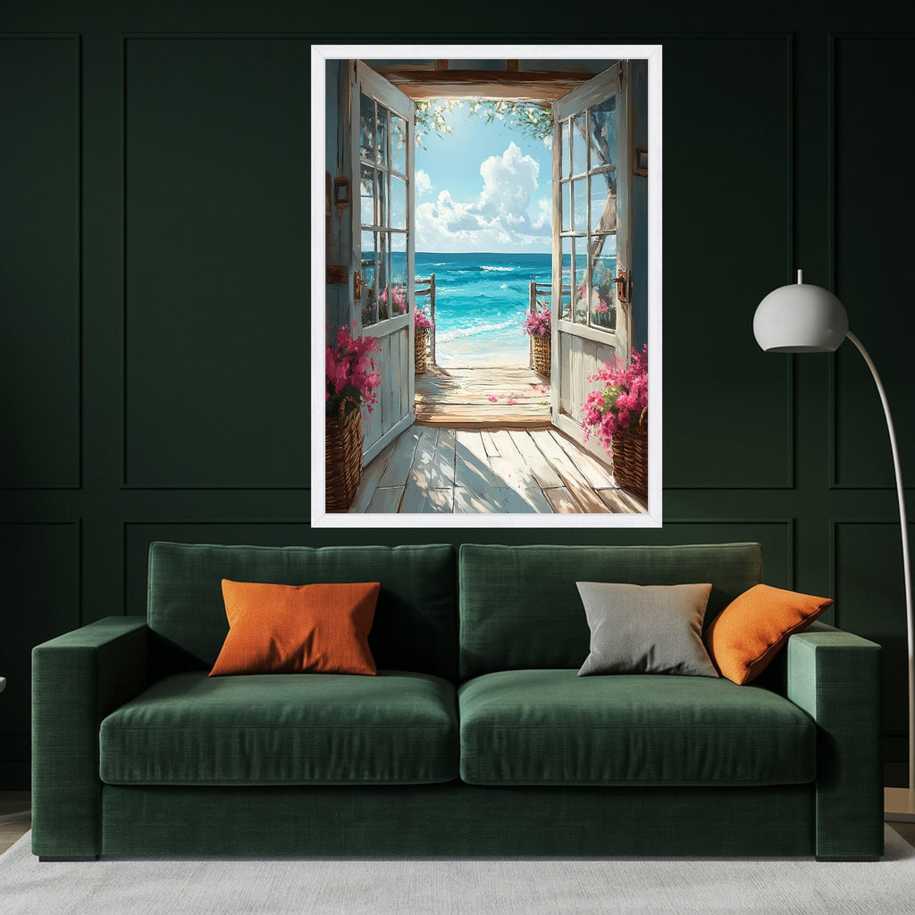 Open Beachfront Doorway Canvas, Seaside View Wall Art, Coastal Home Decor, Ocean Landscape Canvas, Floral Basket Decoration Ready To Hang,