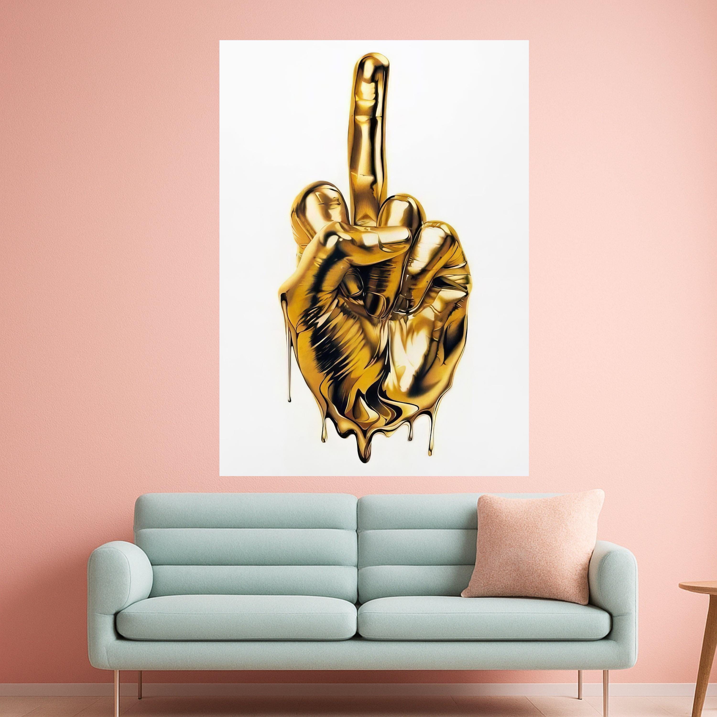 Melting Gold Hand Gesture Canvas, Modern Statement Wall Art, Bold Metallic Middle Finger Art, Contemporary Home Decor, Unique Ready To Hang,