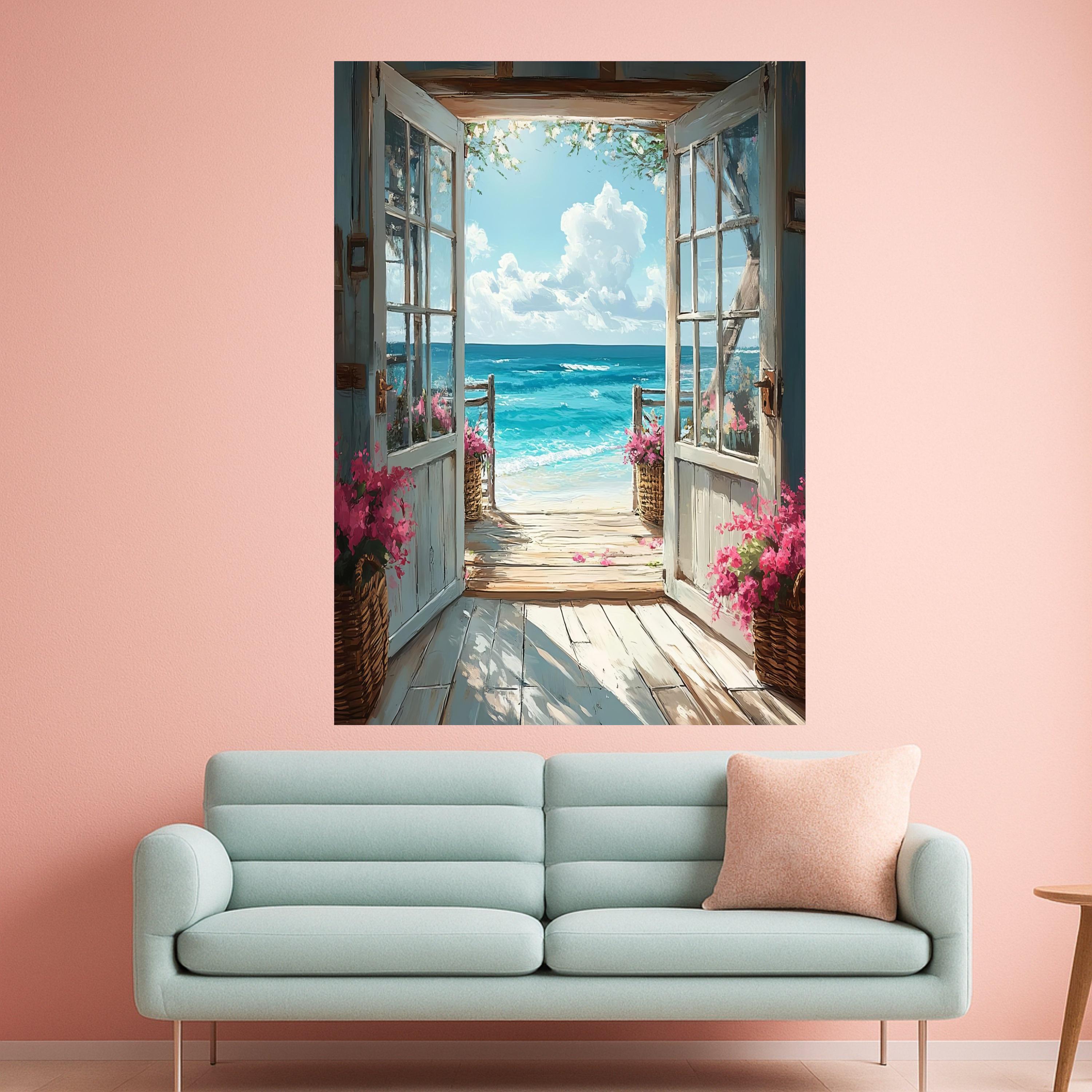 Open Beachfront Doorway Canvas, Seaside View Wall Art, Coastal Home Decor, Ocean Landscape Canvas, Floral Basket Decoration Ready To Hang,