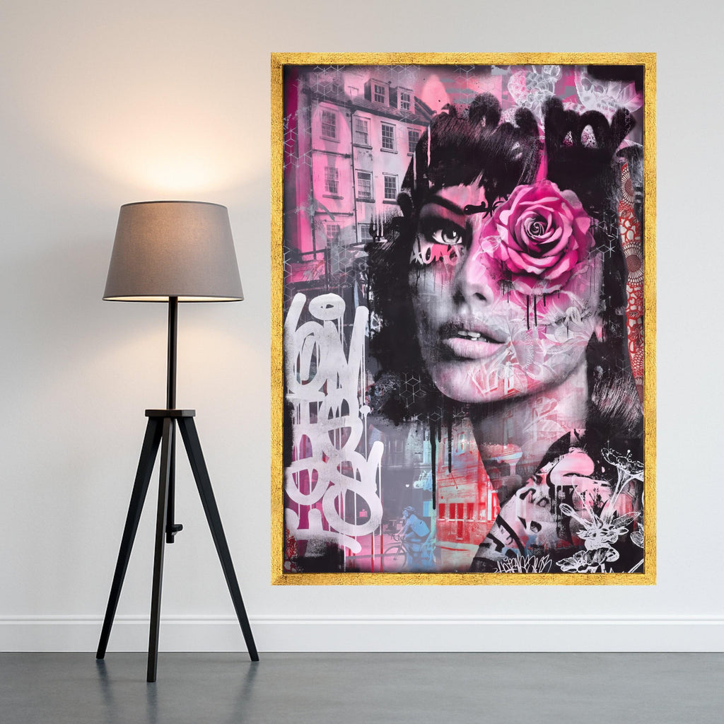 Urban Rose Woman Portrait Canvas, Street Art Mixed Media Wall Art, Pink Floral Face Graffiti Canvas, Contemporary Urban Home Ready To Hang,