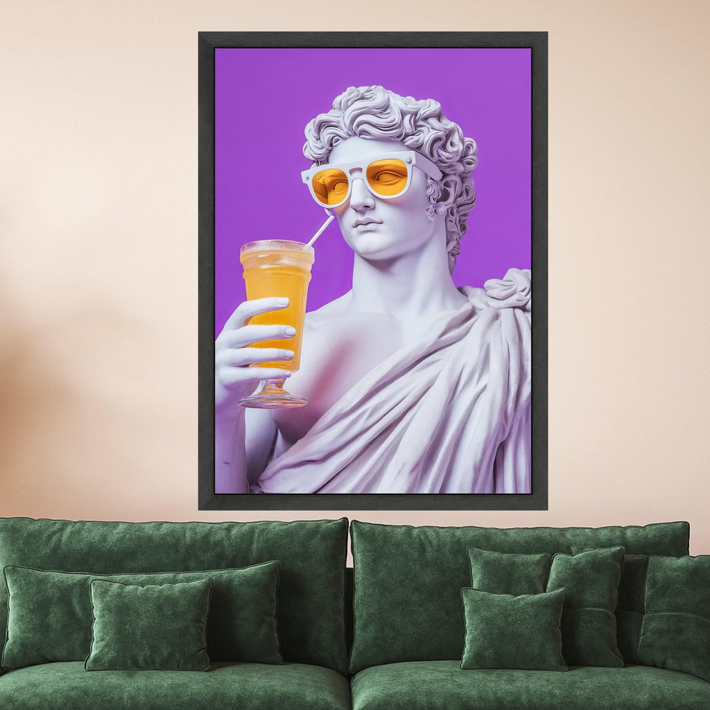 Modern Classical Sculpture Canvas, Retro Statue with Sunglasses, Purple Background Wall Art, Pop Art Home Decor, Unique Ready To Hang,