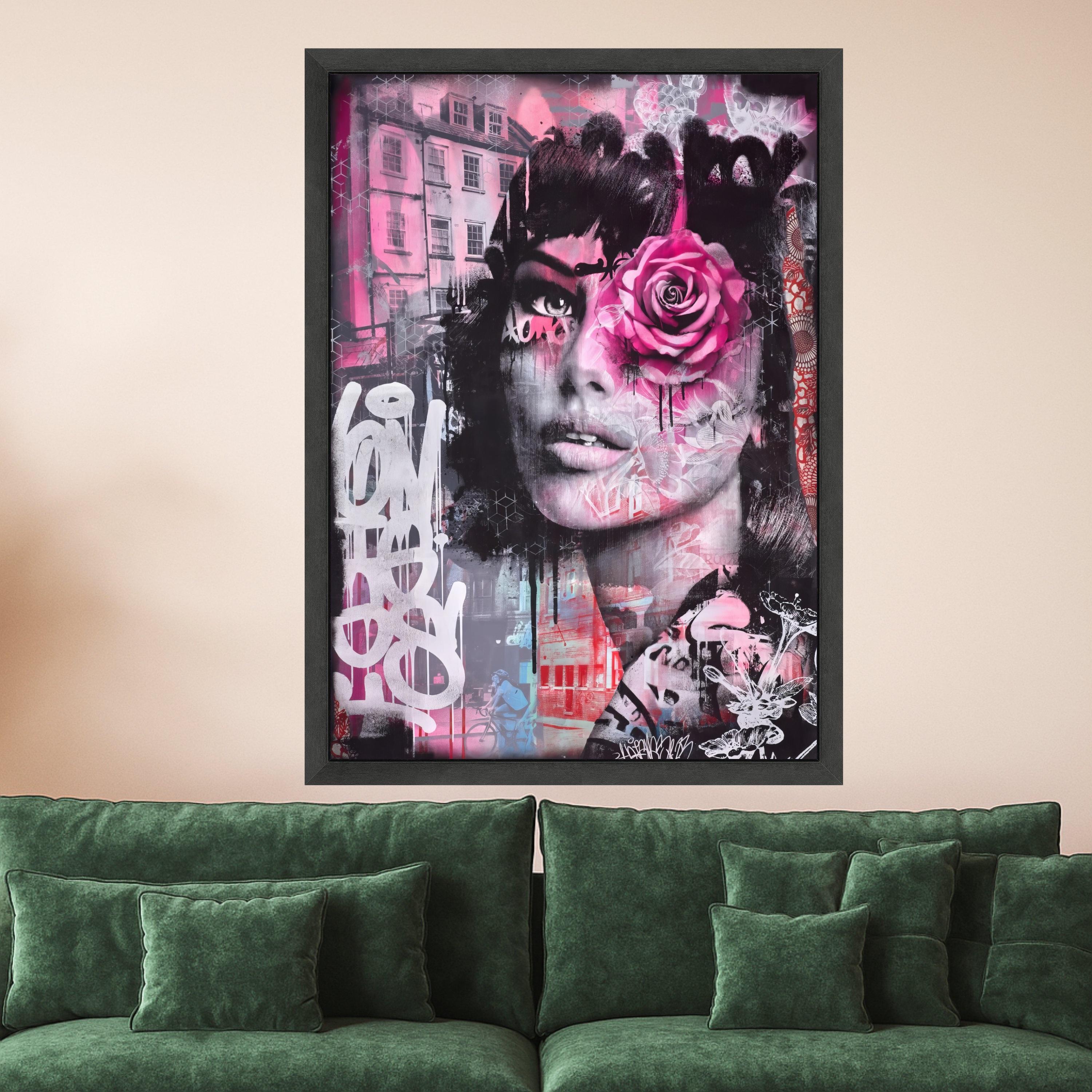 Urban Rose Woman Portrait Canvas, Street Art Mixed Media Wall Art, Pink Floral Face Graffiti Canvas, Contemporary Urban Home Ready To Hang,