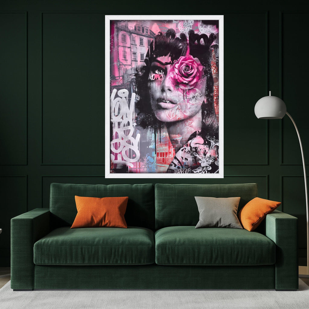 Urban Rose Woman Portrait Canvas, Street Art Mixed Media Wall Art, Pink Floral Face Graffiti Canvas, Contemporary Urban Home Ready To Hang,