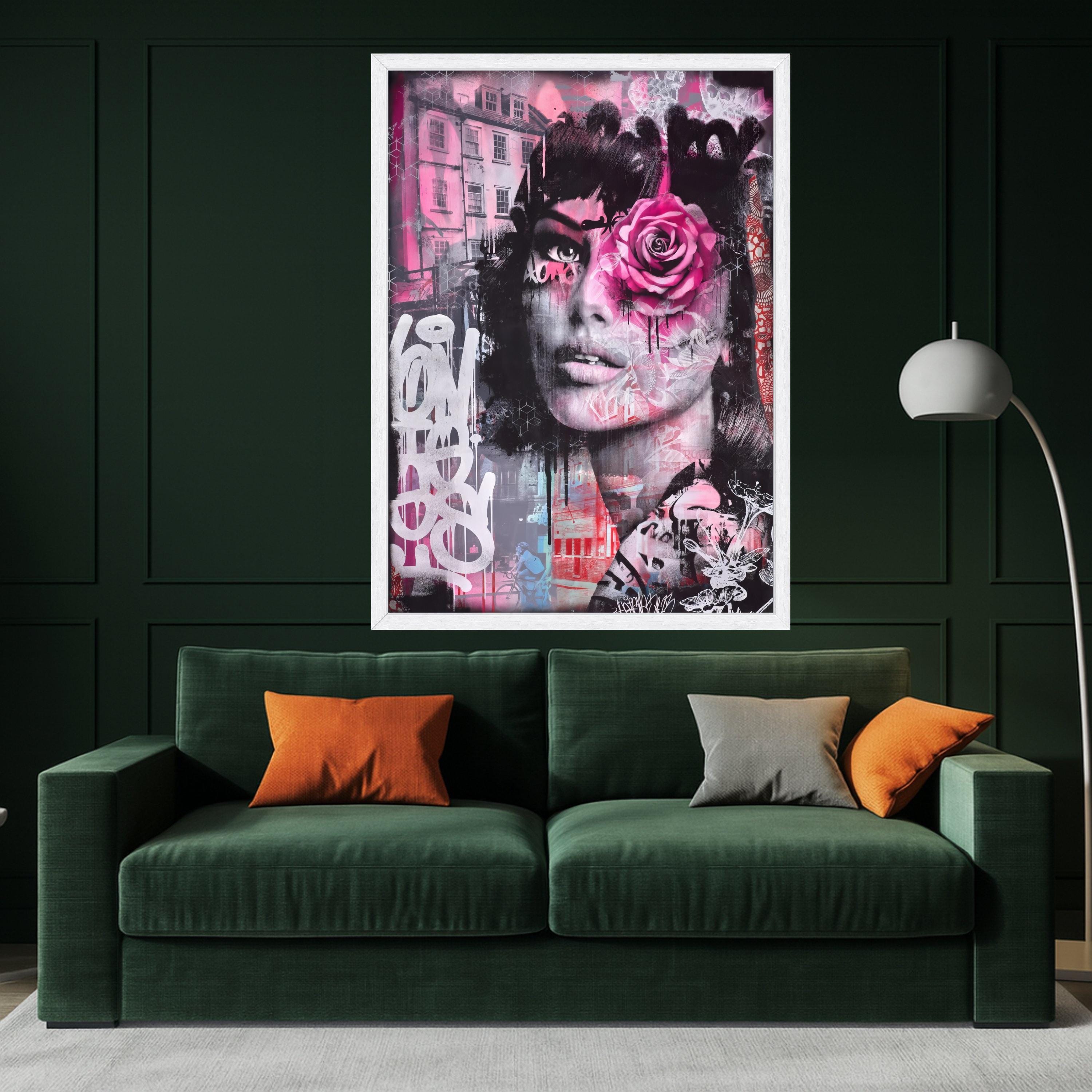 Urban Rose Woman Portrait Canvas, Street Art Mixed Media Wall Art, Pink Floral Face Graffiti Canvas, Contemporary Urban Home Ready To Hang,