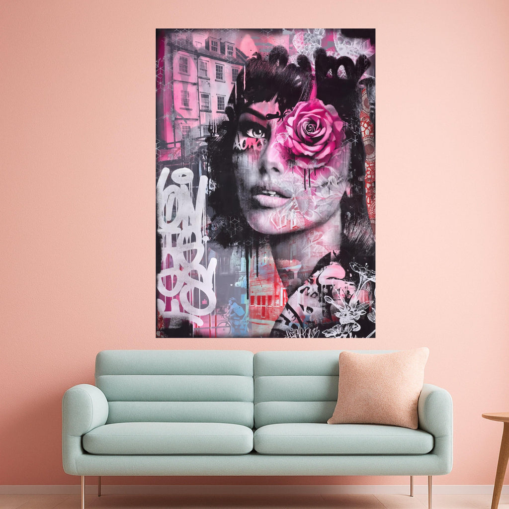 Urban Rose Woman Portrait Canvas, Street Art Mixed Media Wall Art, Pink Floral Face Graffiti Canvas, Contemporary Urban Home Ready To Hang,