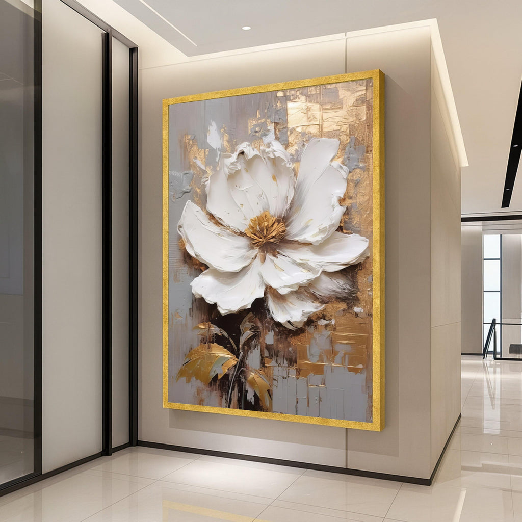 Elegant White Flower Canvas Art, Gold Leaf Abstract Floral Wall Decor, Modern Botanical Painting, Luxury Home Decoration Ready To Hang,