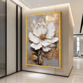 Elegant White Flower Canvas Art, Gold Leaf Abstract Floral Wall Decor, Modern Botanical Painting, Luxury Home Decoration Ready To Hang,