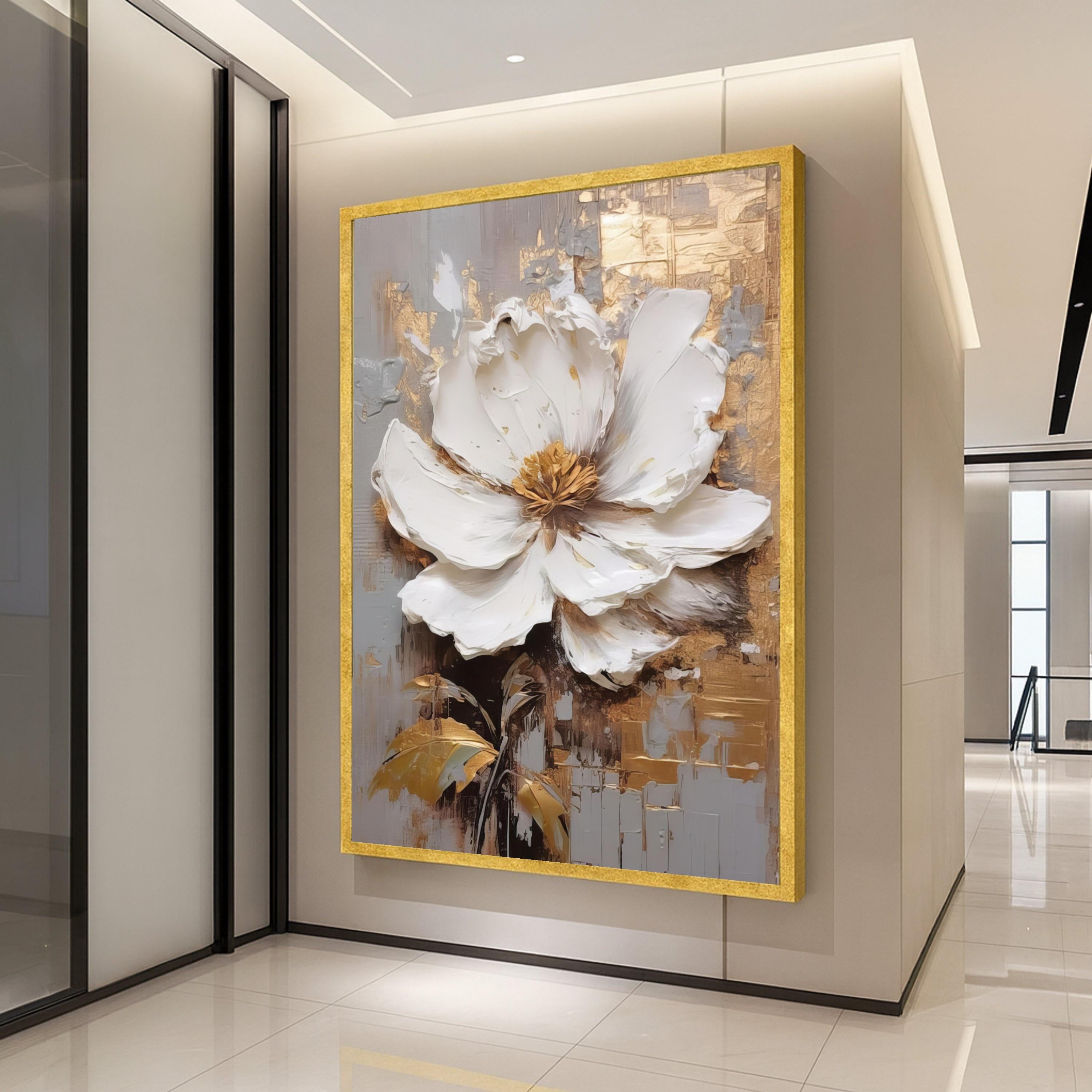 Elegant White Flower Canvas Art, Gold Leaf Abstract Floral Wall Decor, Modern Botanical Painting, Luxury Home Decoration Ready To Hang,