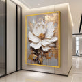 Elegant White Flower Canvas Art, Gold Leaf Abstract Floral Wall Decor, Modern Botanical Painting, Luxury Home Decoration Ready To Hang,