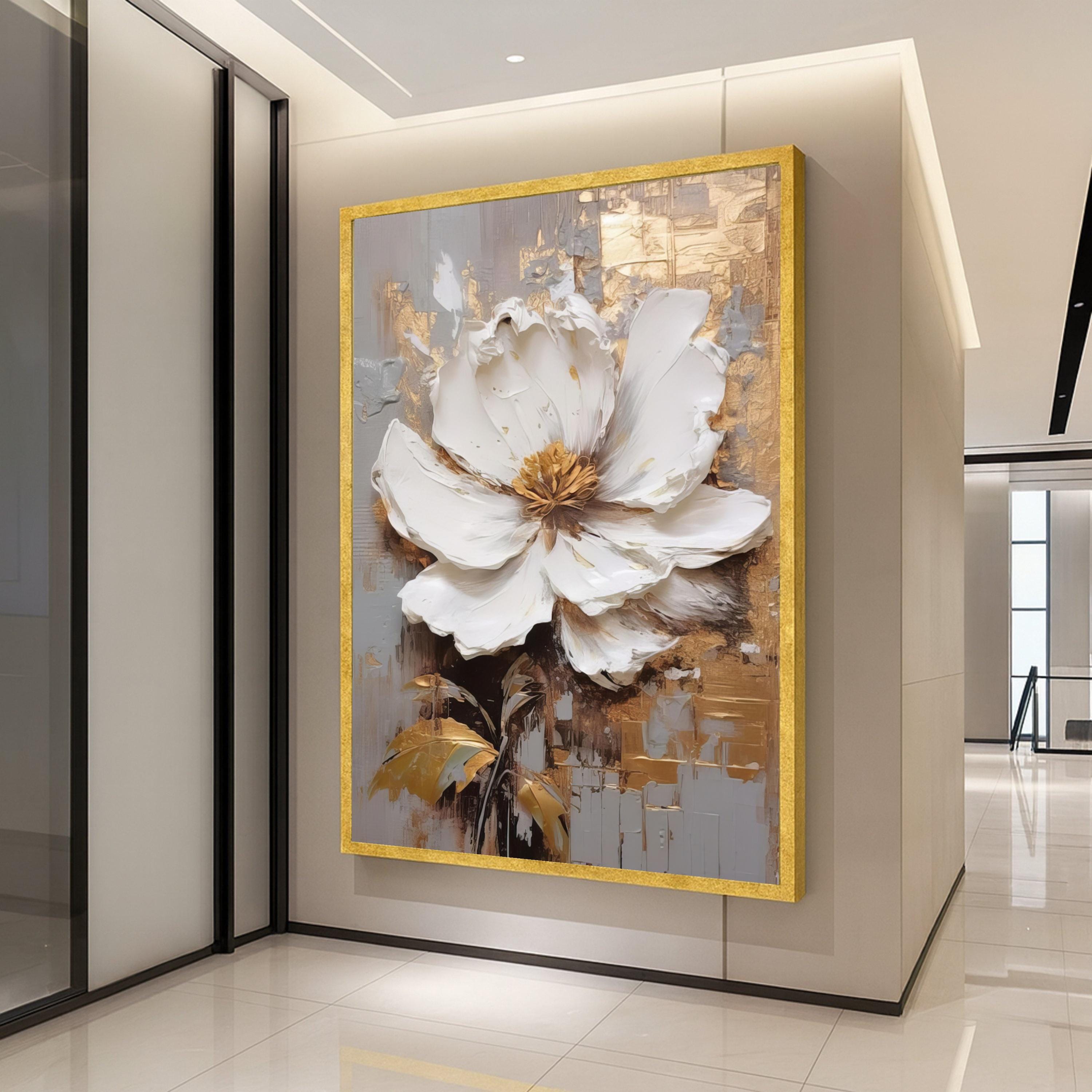 Elegant White Flower Canvas Art, Gold Leaf Abstract Floral Wall Decor, Modern Botanical Painting, Luxury Home Decoration Ready To Hang,