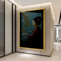 Serene Geisha in Rain, Traditional Japanese Woman Canvas, Autumn Persimmon Tree, Rainy Window Scene, Asian Culture Wall Art, Ready To Hang,