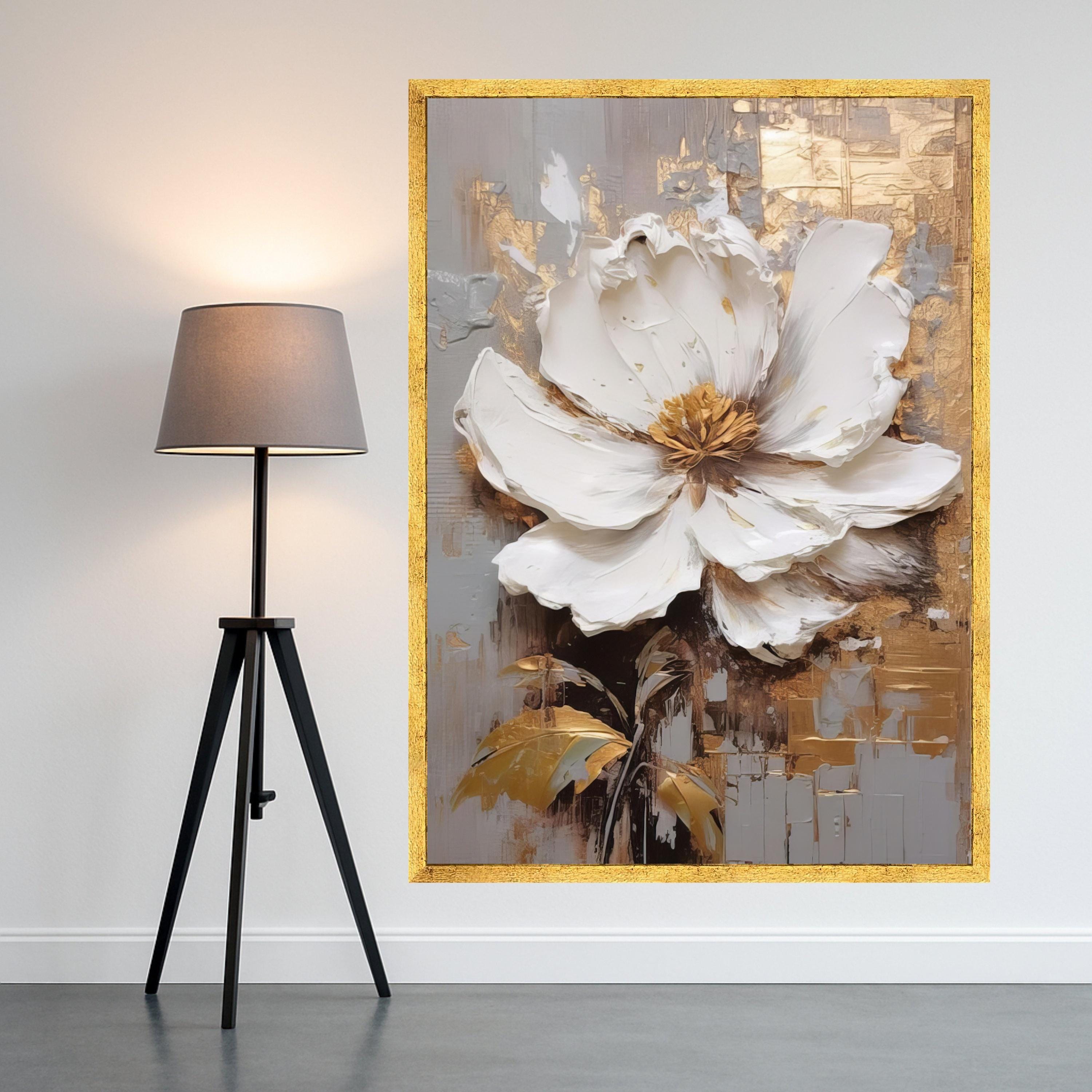 Elegant White Flower Canvas Art, Gold Leaf Abstract Floral Wall Decor, Modern Botanical Painting, Luxury Home Decoration Ready To Hang,