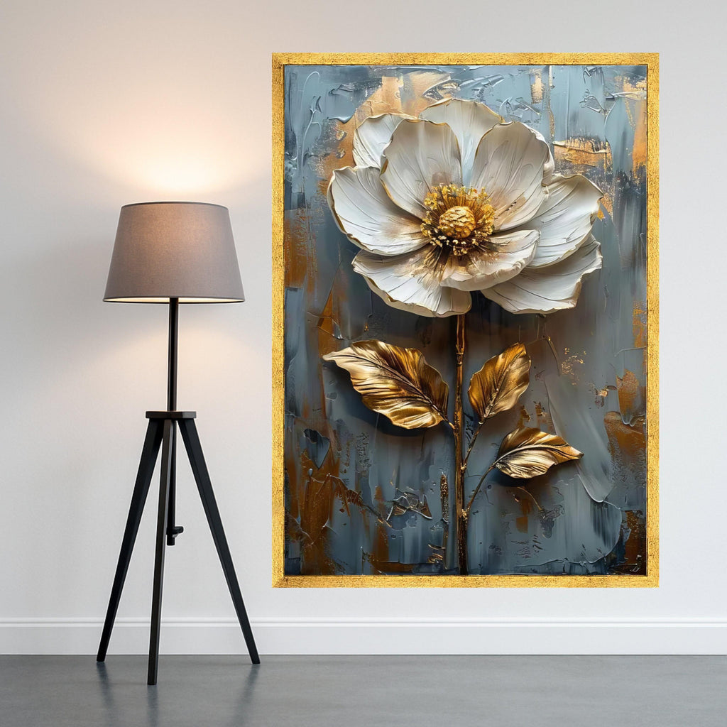 Elegant White and Gold Flower Canvas Wall Art, Floral Painting, Metallic Botanical Decor, Modern Abstract Canvas for Living Ready To Hang,