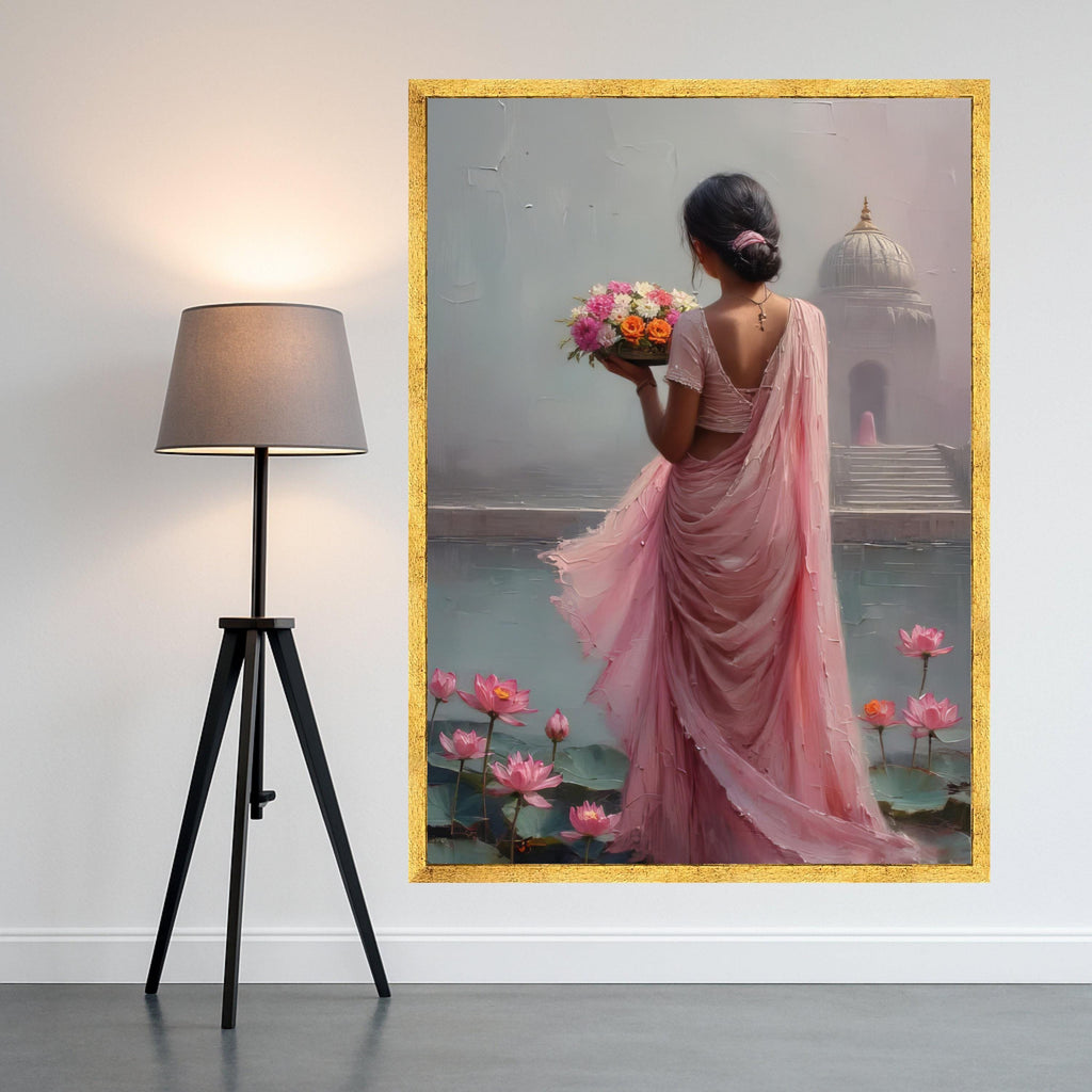 Serene Indian Woman in Pink Saree, Lotus Flowers Canvas Wall Art, Ethnic Floral Home Decor, Spiritual Garden Scene Canvas, Ready To Hang,