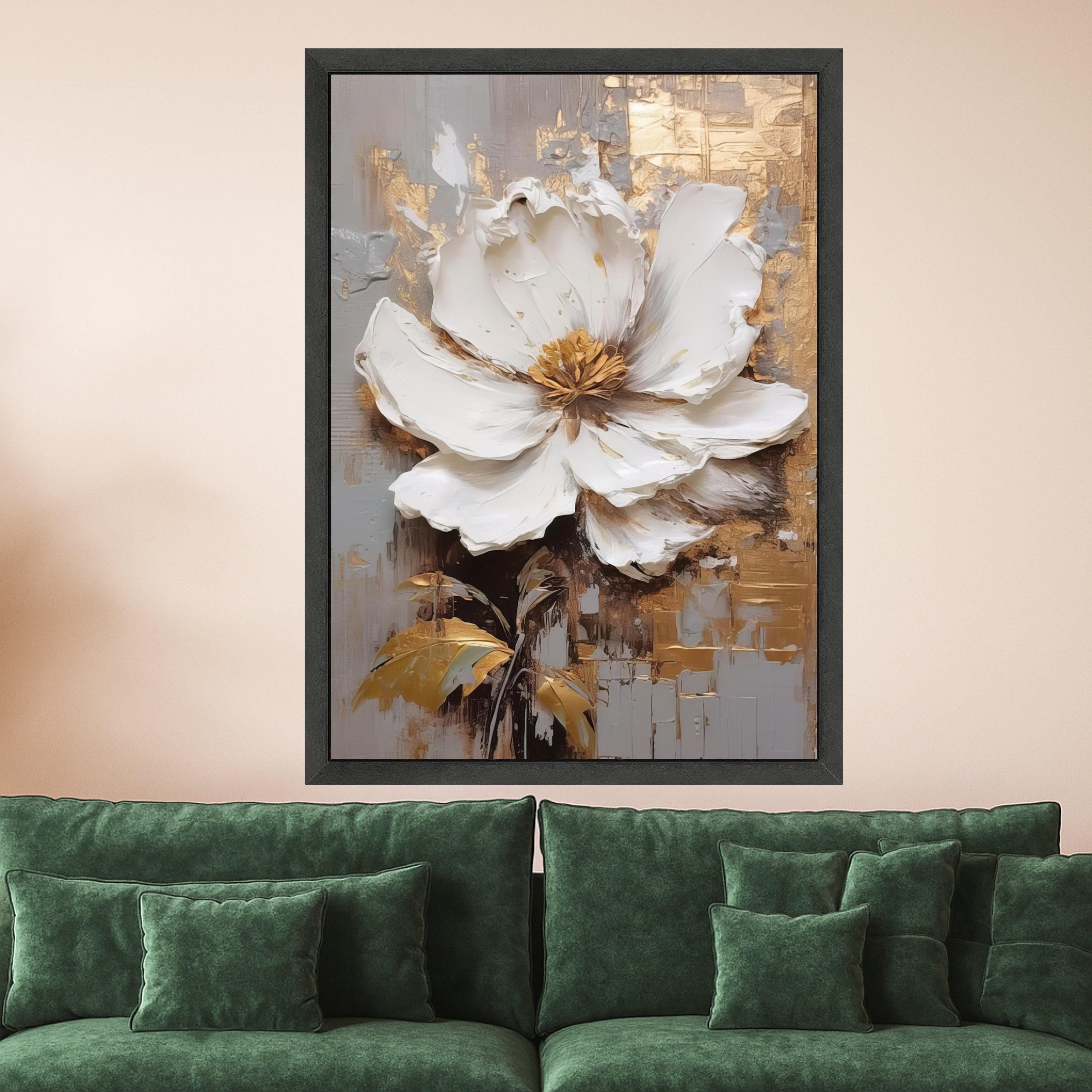 Elegant White Flower Canvas Art, Gold Leaf Abstract Floral Wall Decor, Modern Botanical Painting, Luxury Home Decoration Ready To Hang,