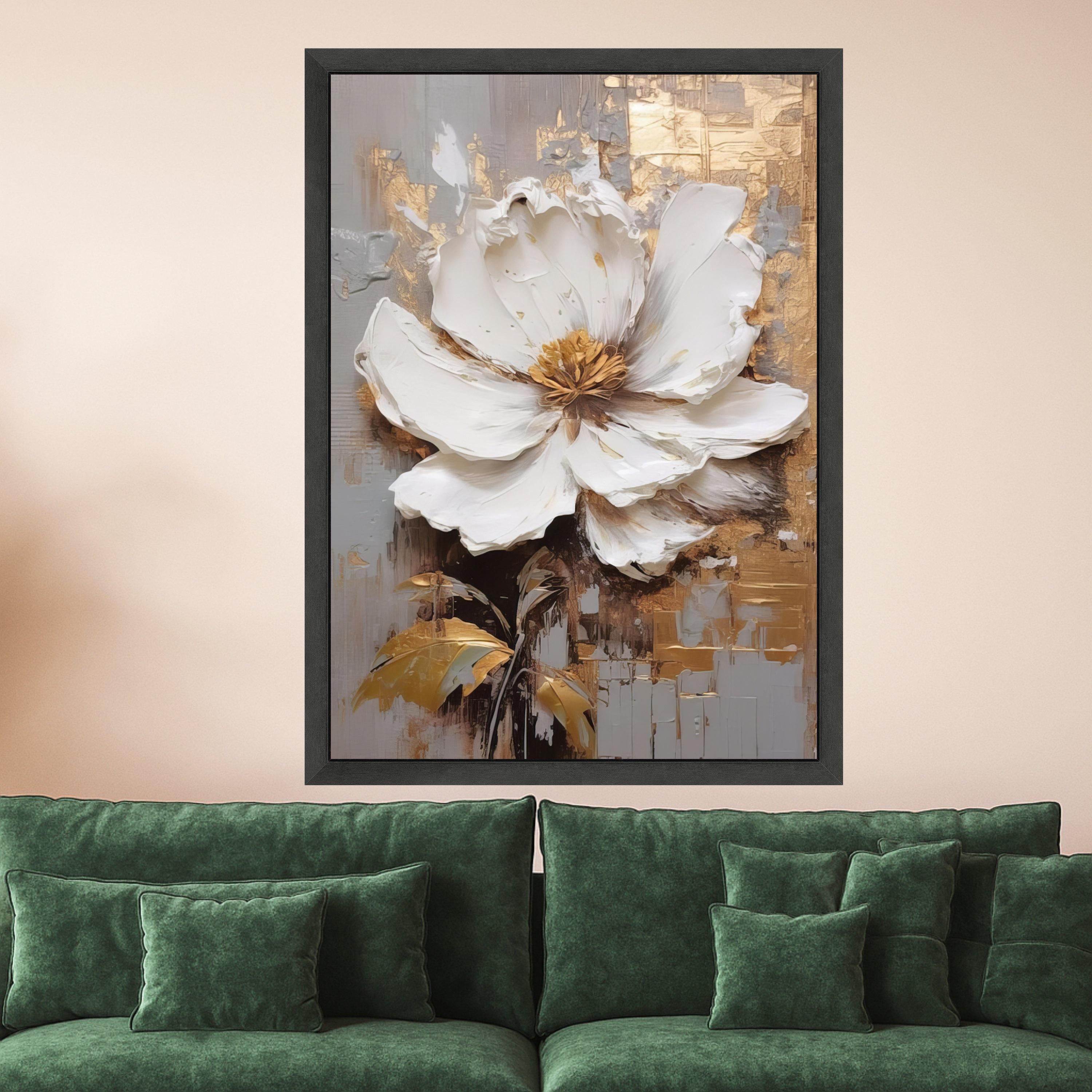 Elegant White Flower Canvas Art, Gold Leaf Abstract Floral Wall Decor, Modern Botanical Painting, Luxury Home Decoration Ready To Hang,