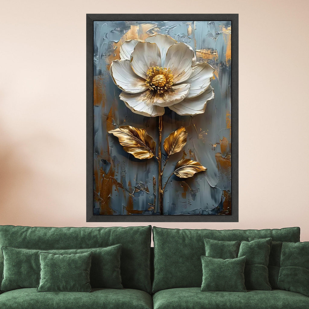 Elegant White and Gold Flower Canvas Wall Art, Floral Painting, Metallic Botanical Decor, Modern Abstract Canvas for Living Ready To Hang,