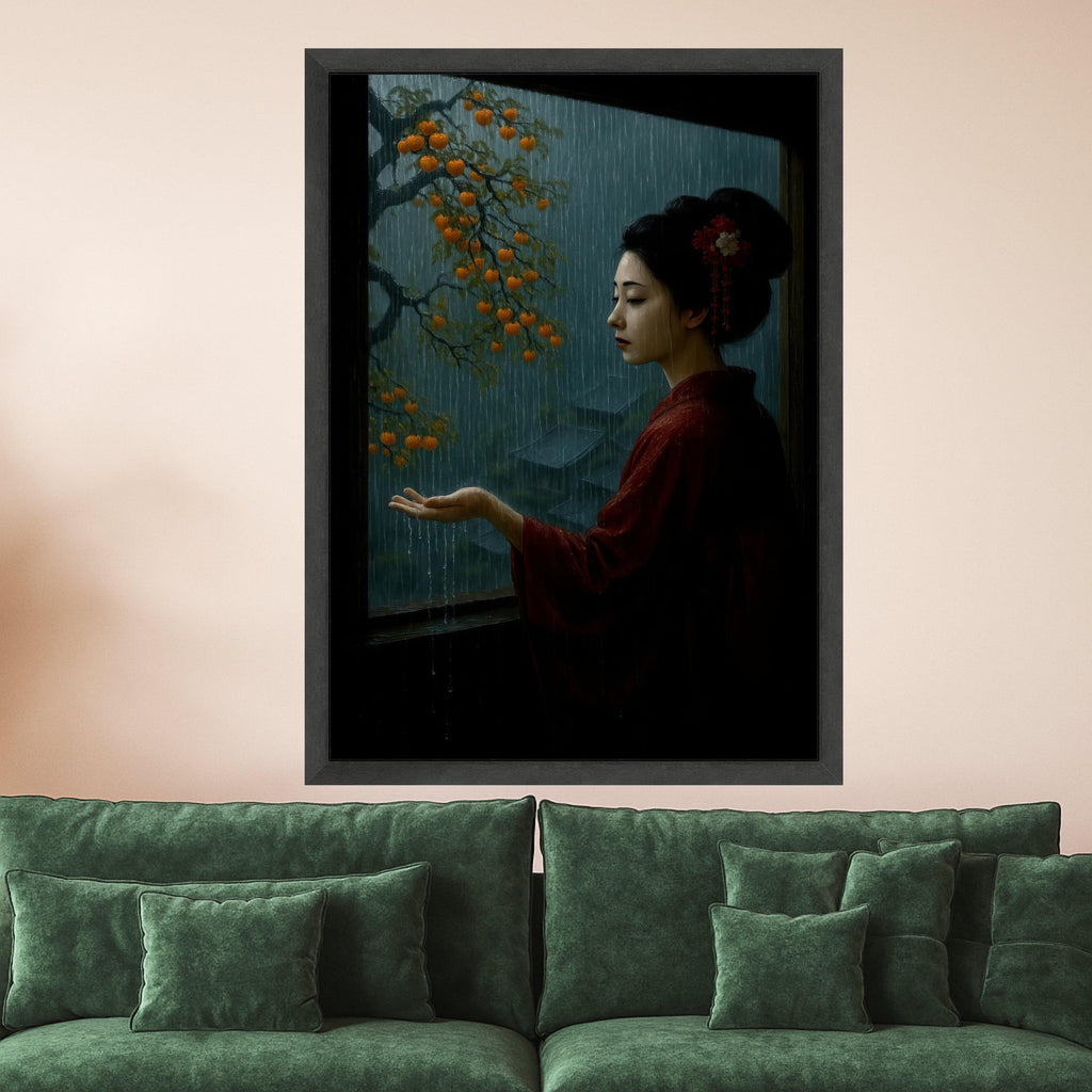 Serene Geisha in Rain, Traditional Japanese Woman Canvas, Autumn Persimmon Tree, Rainy Window Scene, Asian Culture Wall Art, Ready To Hang,