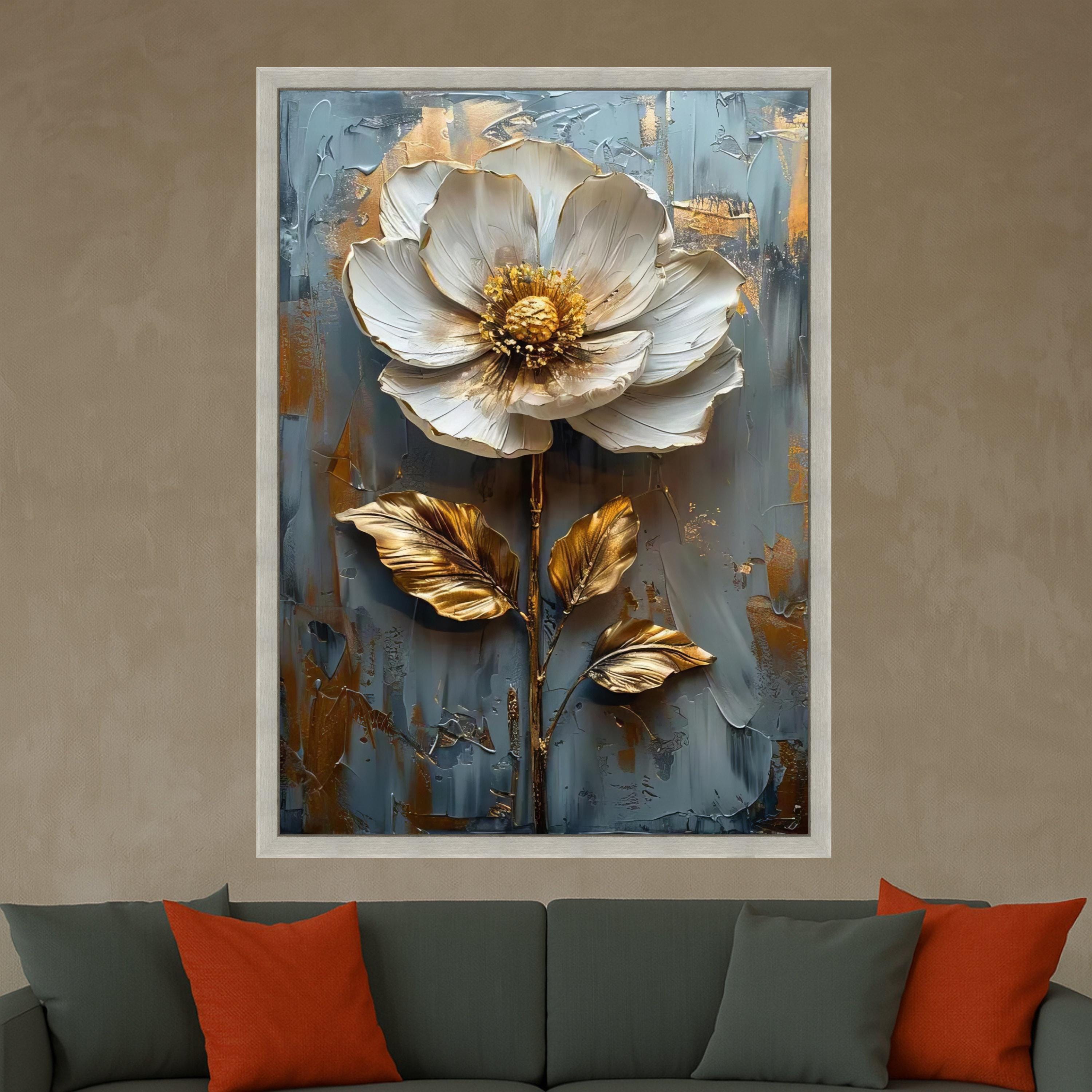 Elegant White and Gold Flower Canvas Wall Art, Floral Painting, Metallic Botanical Decor, Modern Abstract Canvas for Living Ready To Hang,