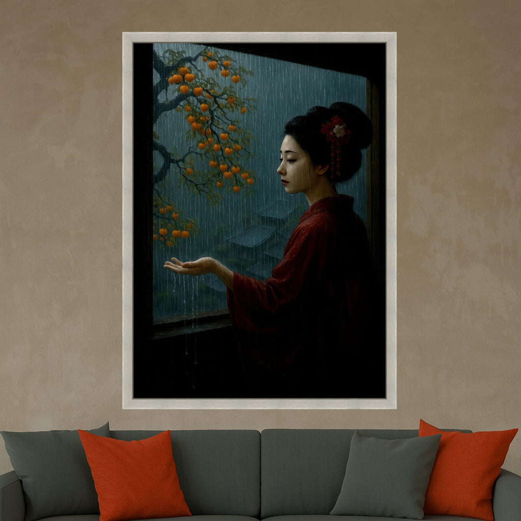 Serene Geisha in Rain, Traditional Japanese Woman Canvas, Autumn Persimmon Tree, Rainy Window Scene, Asian Culture Wall Art, Ready To Hang,