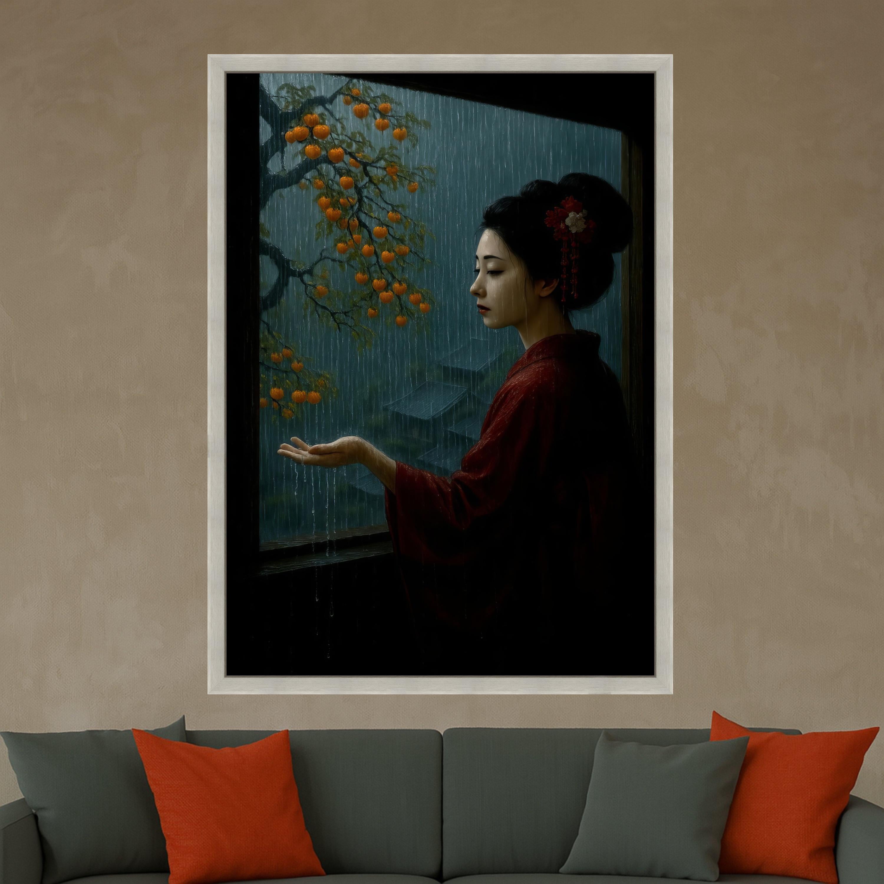 Serene Geisha in Rain, Traditional Japanese Woman Canvas, Autumn Persimmon Tree, Rainy Window Scene, Asian Culture Wall Art, Ready To Hang,