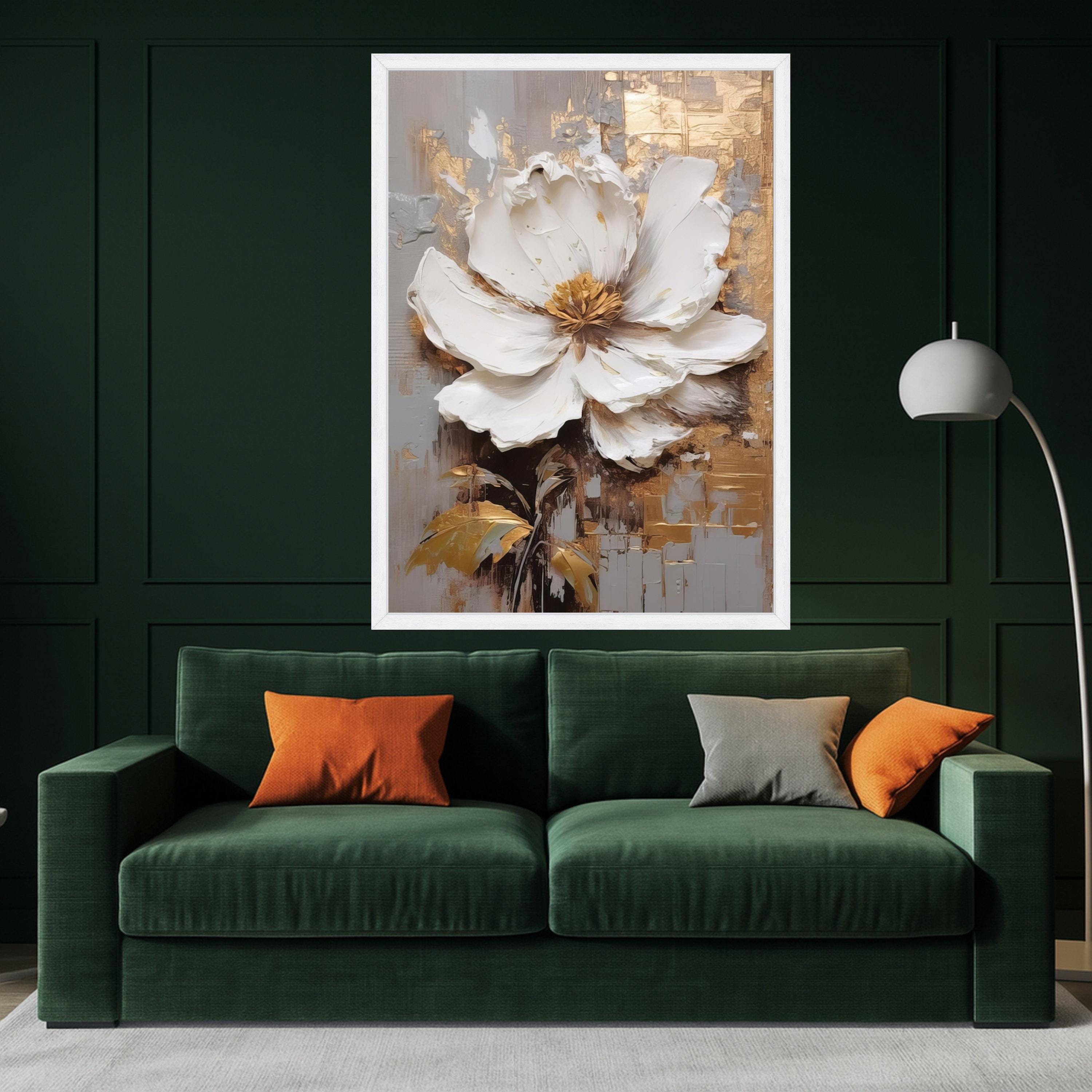 Elegant White Flower Canvas Art, Gold Leaf Abstract Floral Wall Decor, Modern Botanical Painting, Luxury Home Decoration Ready To Hang,