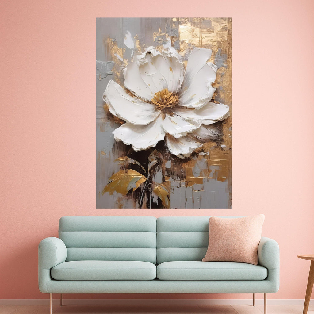 Elegant White Flower Canvas Art, Gold Leaf Abstract Floral Wall Decor, Modern Botanical Painting, Luxury Home Decoration Ready To Hang,