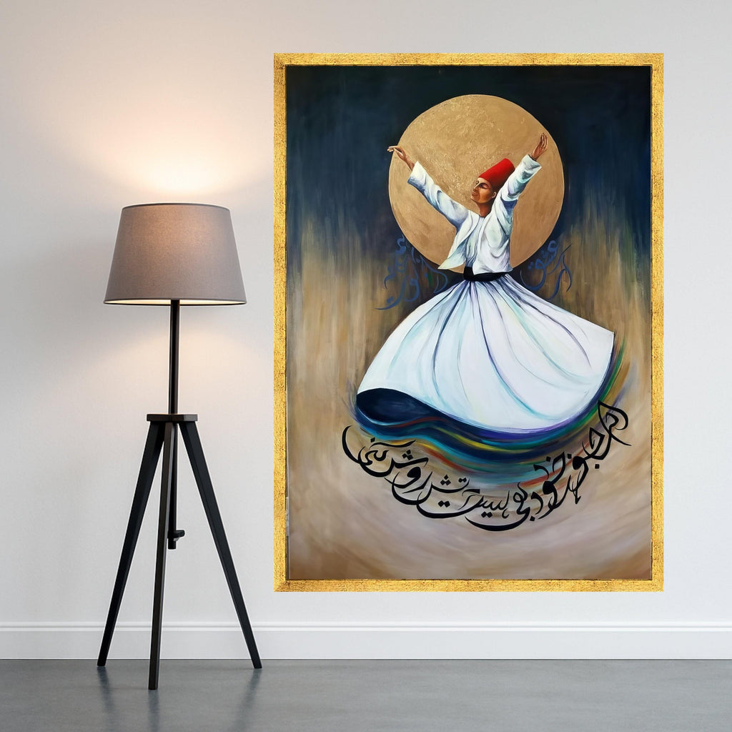 Whirling Dervish Canvas Print – Sufi Wall Art with Arabic Calligraphy – Spiritual Wall Decor – Ready to Hang Canvas Decoration