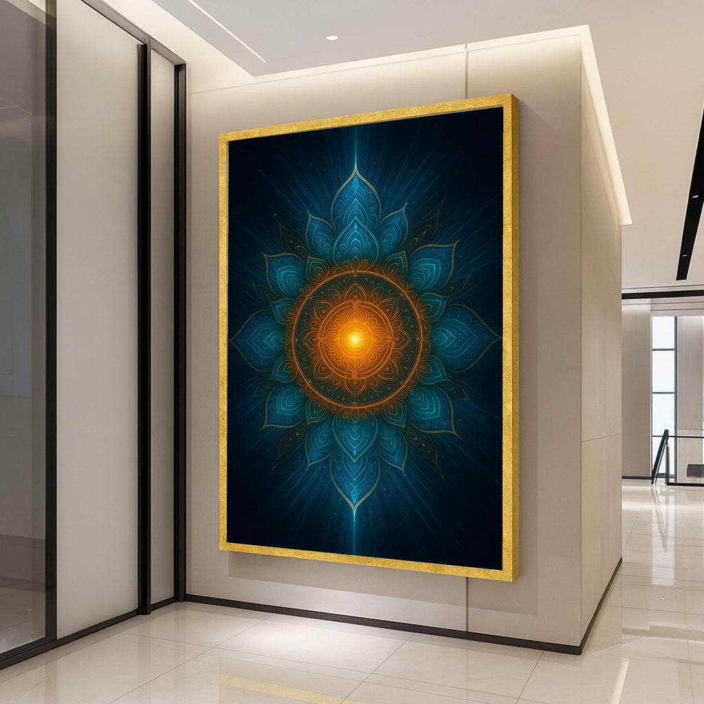 Mandala Canvas Print – Sacred Geometry Wall Art – Spiritual Wall Decor – Blue & Orange Artwork – Ready to Hang Wall Decoration