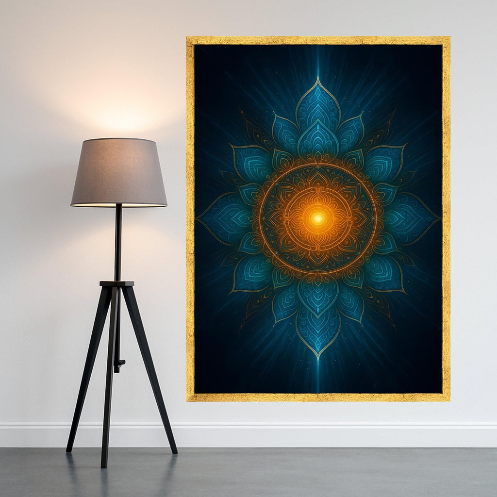 Mandala Canvas Print – Sacred Geometry Wall Art – Spiritual Wall Decor – Blue & Orange Artwork – Ready to Hang Wall Decoration
