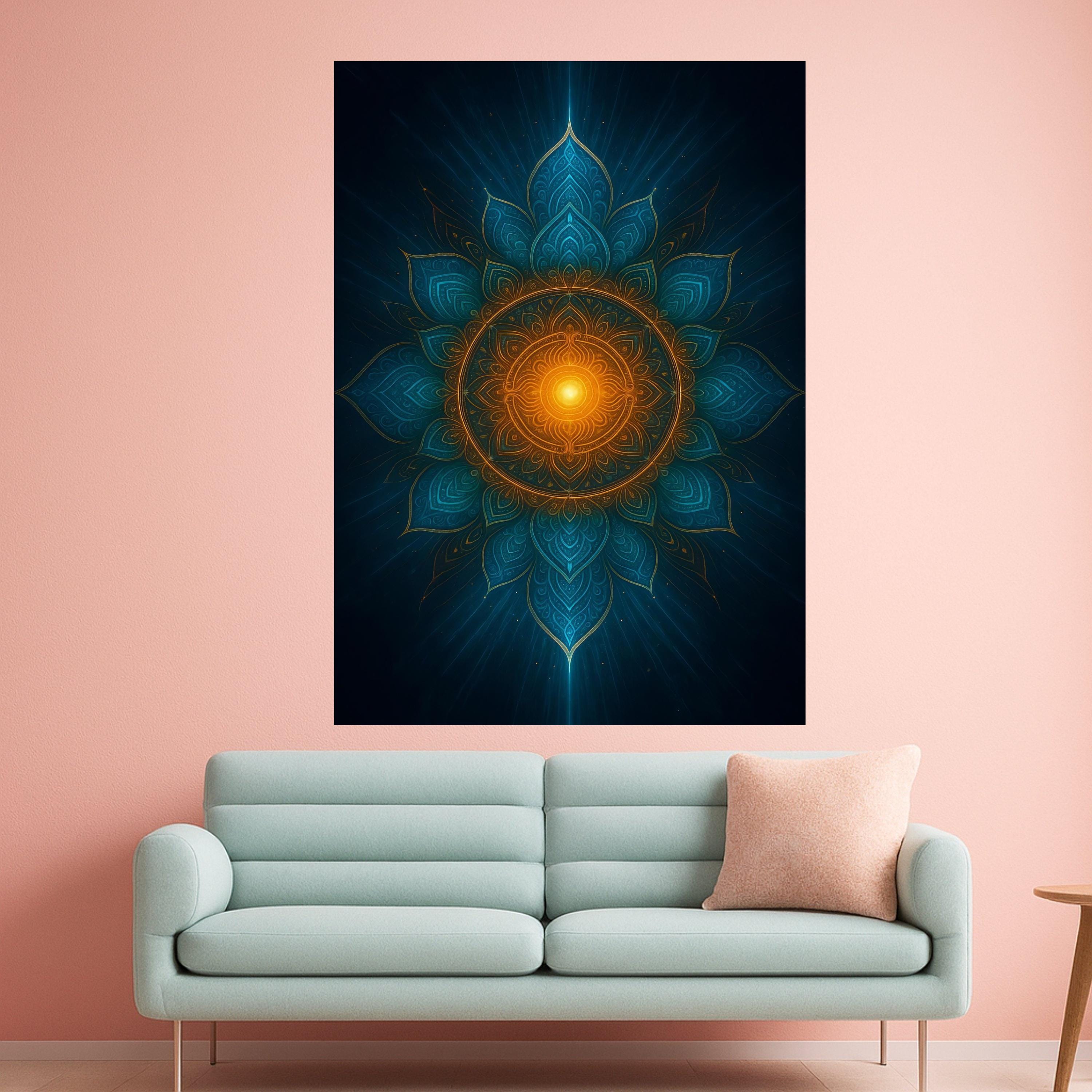 Mandala Canvas Print – Sacred Geometry Wall Art – Spiritual Wall Decor – Blue & Orange Artwork – Ready to Hang Wall Decoration