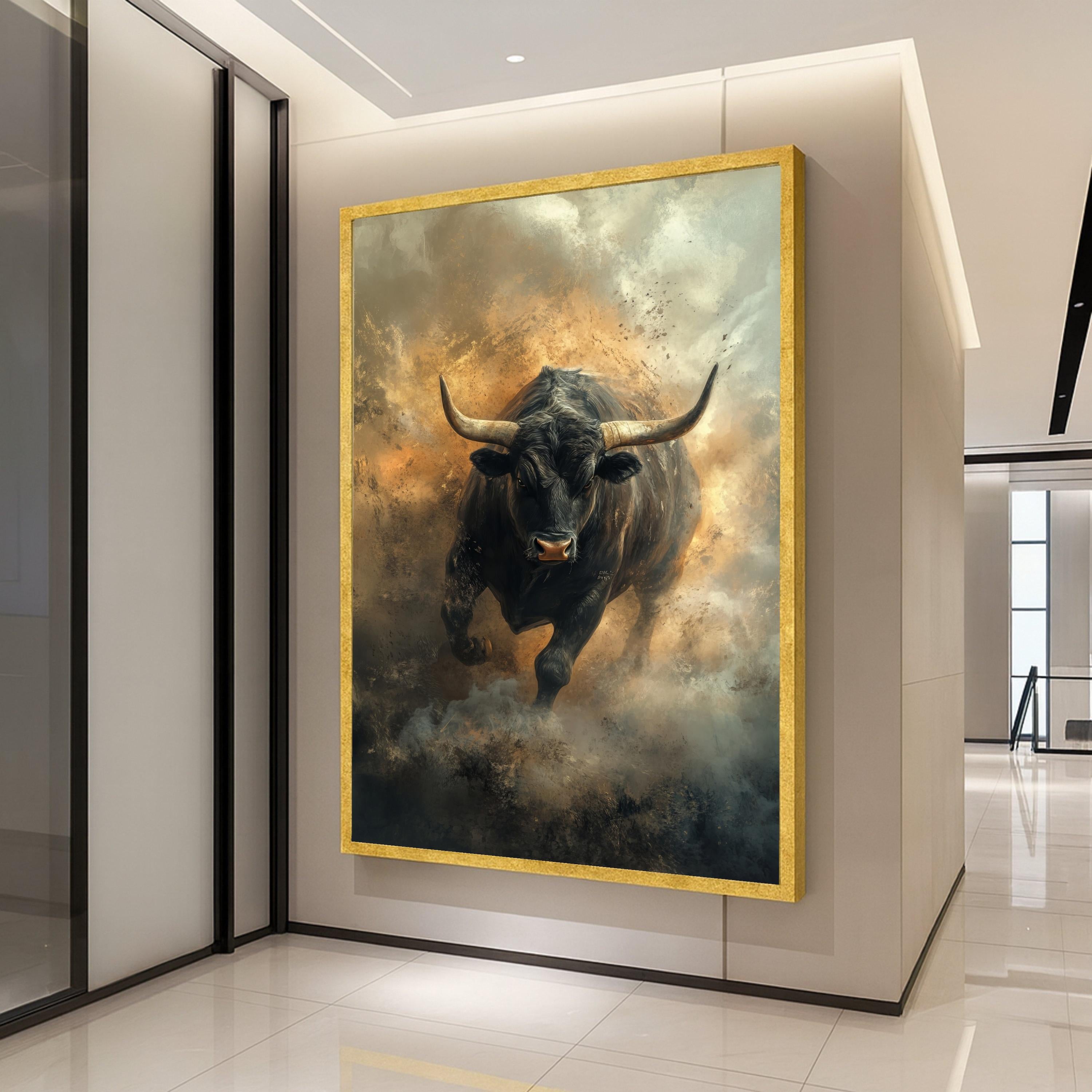 Fierce Black Bull Canvas Wall Art, Powerful Bull Print, Dust Storm Bull Decor, Rustic Farmhouse Canvas, Bold Ready To Hang,