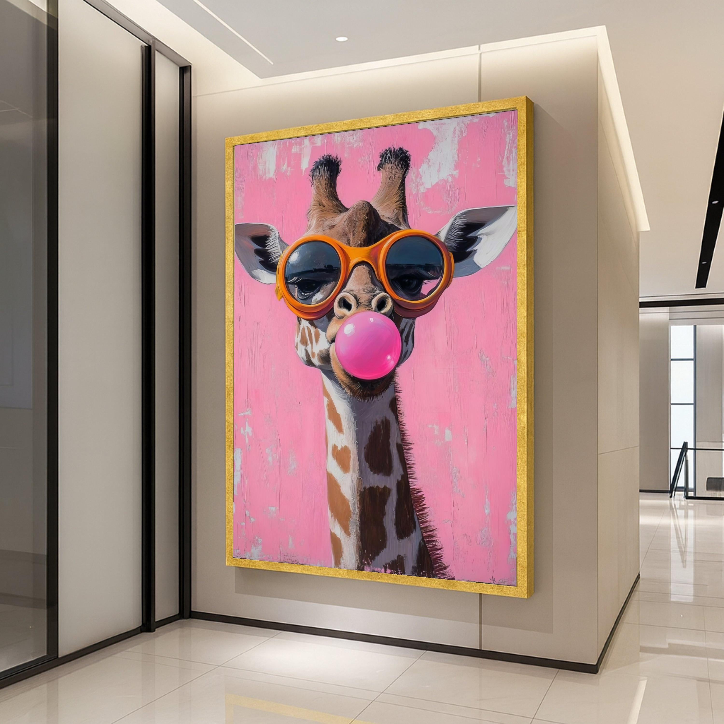 Playful Giraffe with Bubblegum Pink Pop Art Canvas, Funny Animal Wall Decor, Quirky Kids Room Canvas Art, Modern Home Ready To Hang,