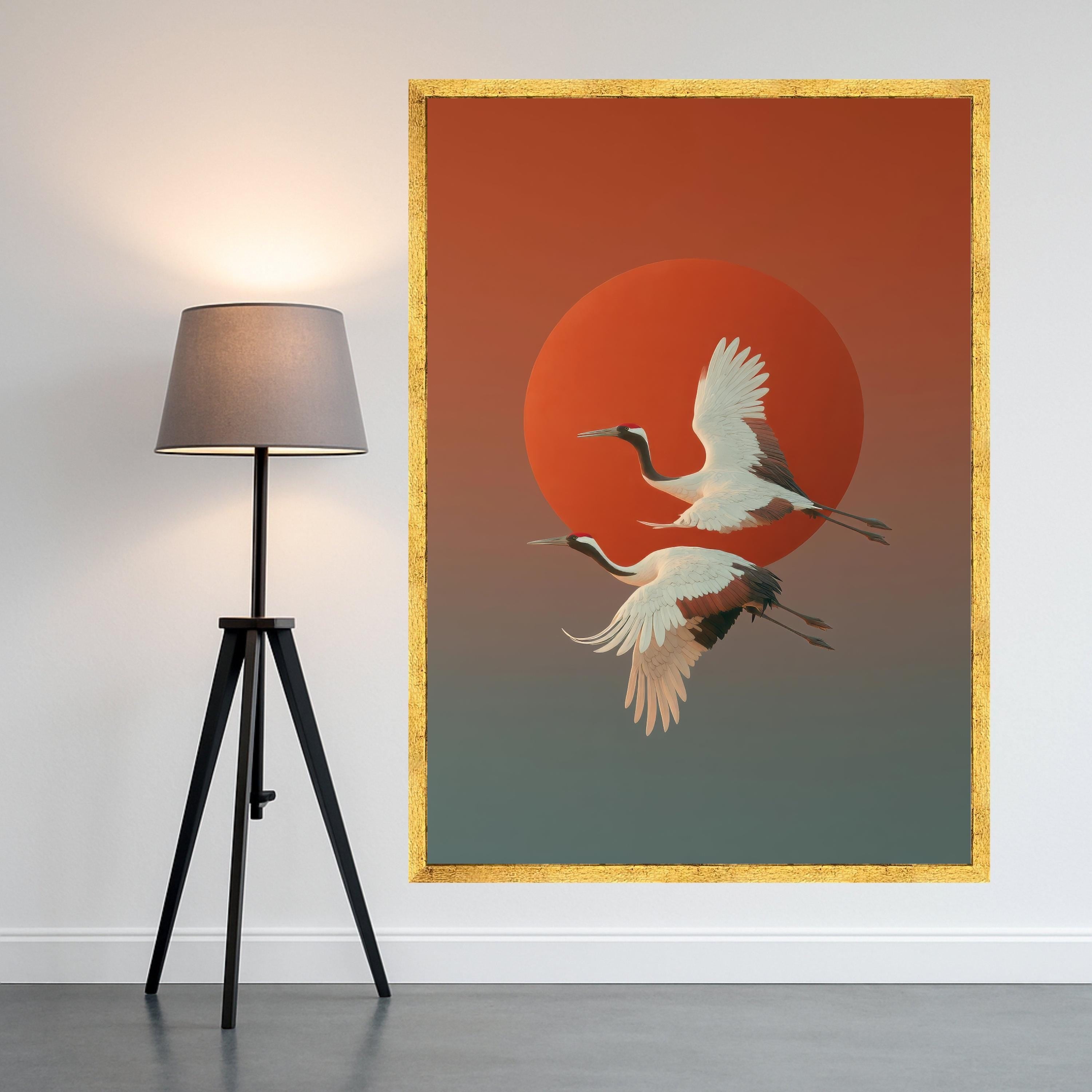 Elegant Red-Crowned Cranes Flying Canvas, Japanese Sunset Wall Art, Nature Bird Canvas, Asian Wildlife Decoration, Modern Ready To Hang,