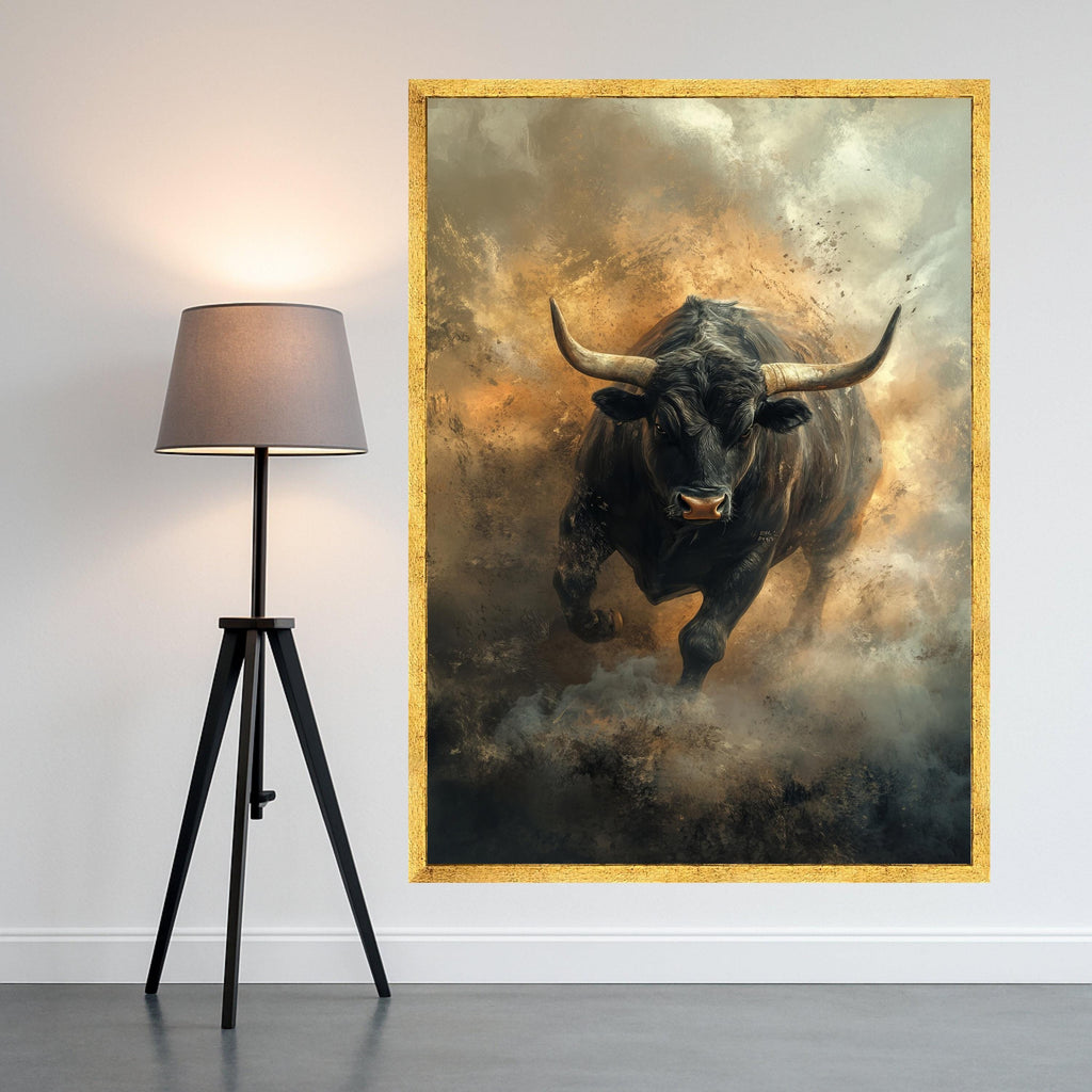Fierce Black Bull Canvas Wall Art, Powerful Bull Print, Dust Storm Bull Decor, Rustic Farmhouse Canvas, Bold Ready To Hang,