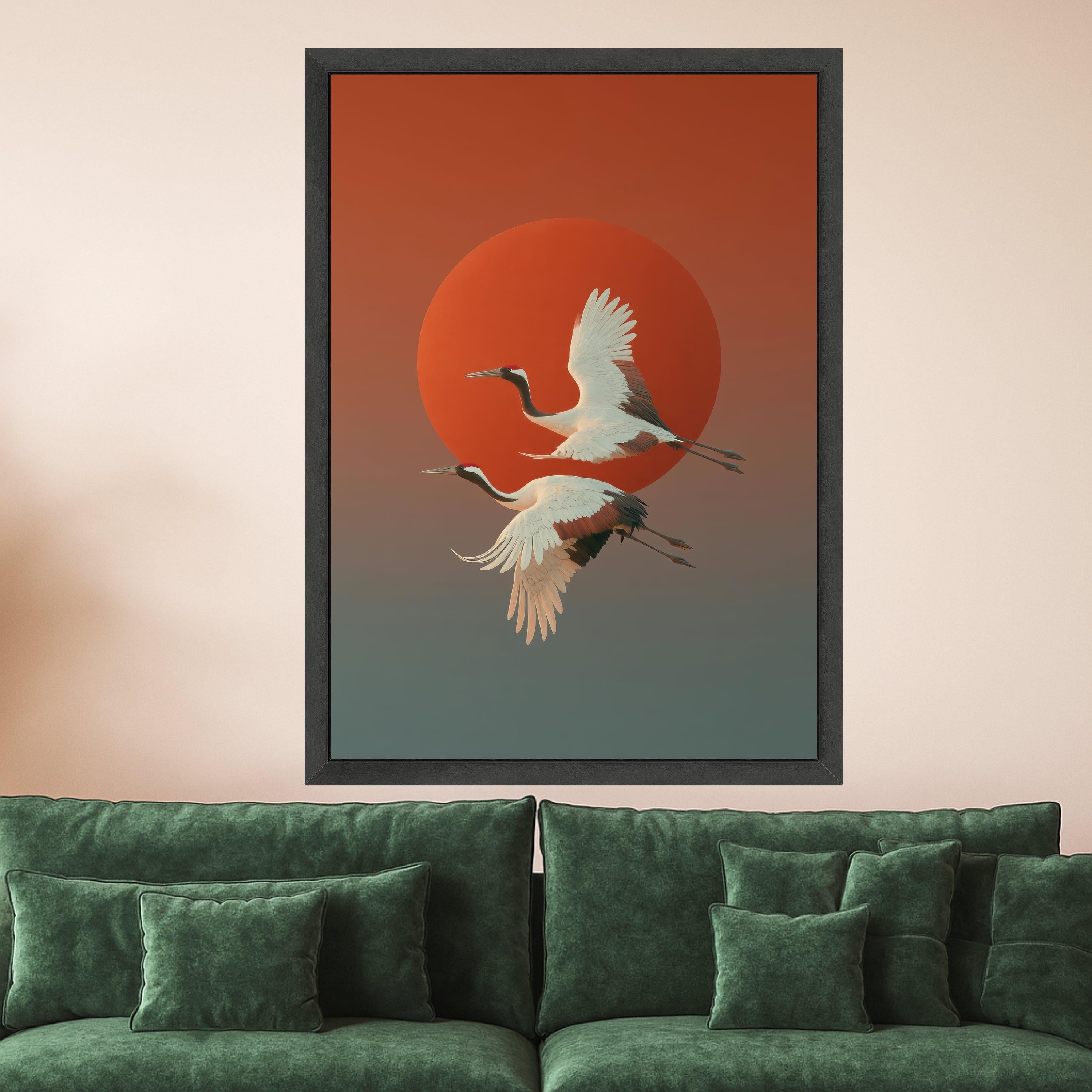 Elegant Red-Crowned Cranes Flying Canvas, Japanese Sunset Wall Art, Nature Bird Canvas, Asian Wildlife Decoration, Modern Ready To Hang,