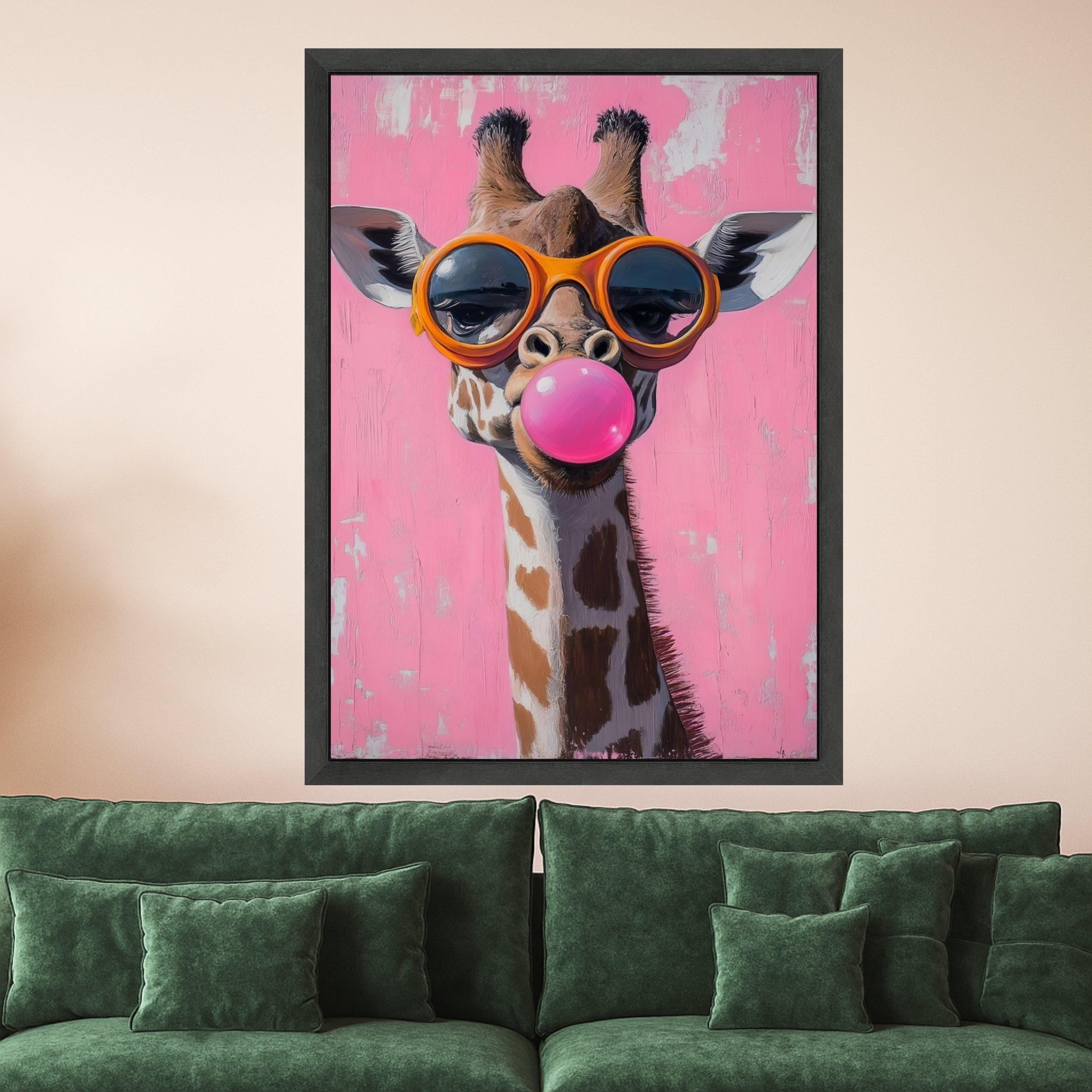 Playful Giraffe with Bubblegum Pink Pop Art Canvas, Funny Animal Wall Decor, Quirky Kids Room Canvas Art, Modern Home Ready To Hang,