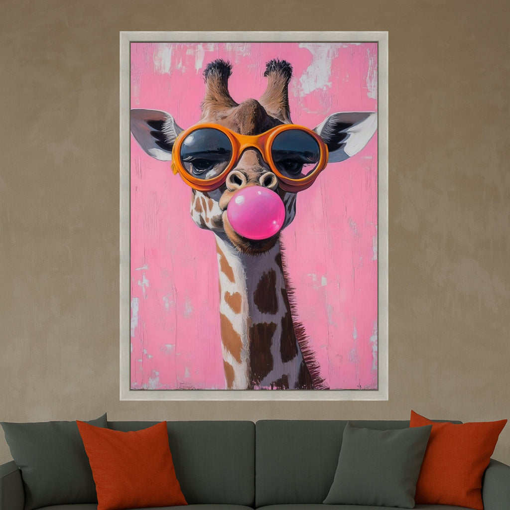 Playful Giraffe with Bubblegum Pink Pop Art Canvas, Funny Animal Wall Decor, Quirky Kids Room Canvas Art, Modern Home Ready To Hang,