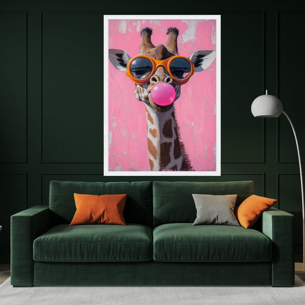 Playful Giraffe with Bubblegum Pink Pop Art Canvas, Funny Animal Wall Decor, Quirky Kids Room Canvas Art, Modern Home Ready To Hang,