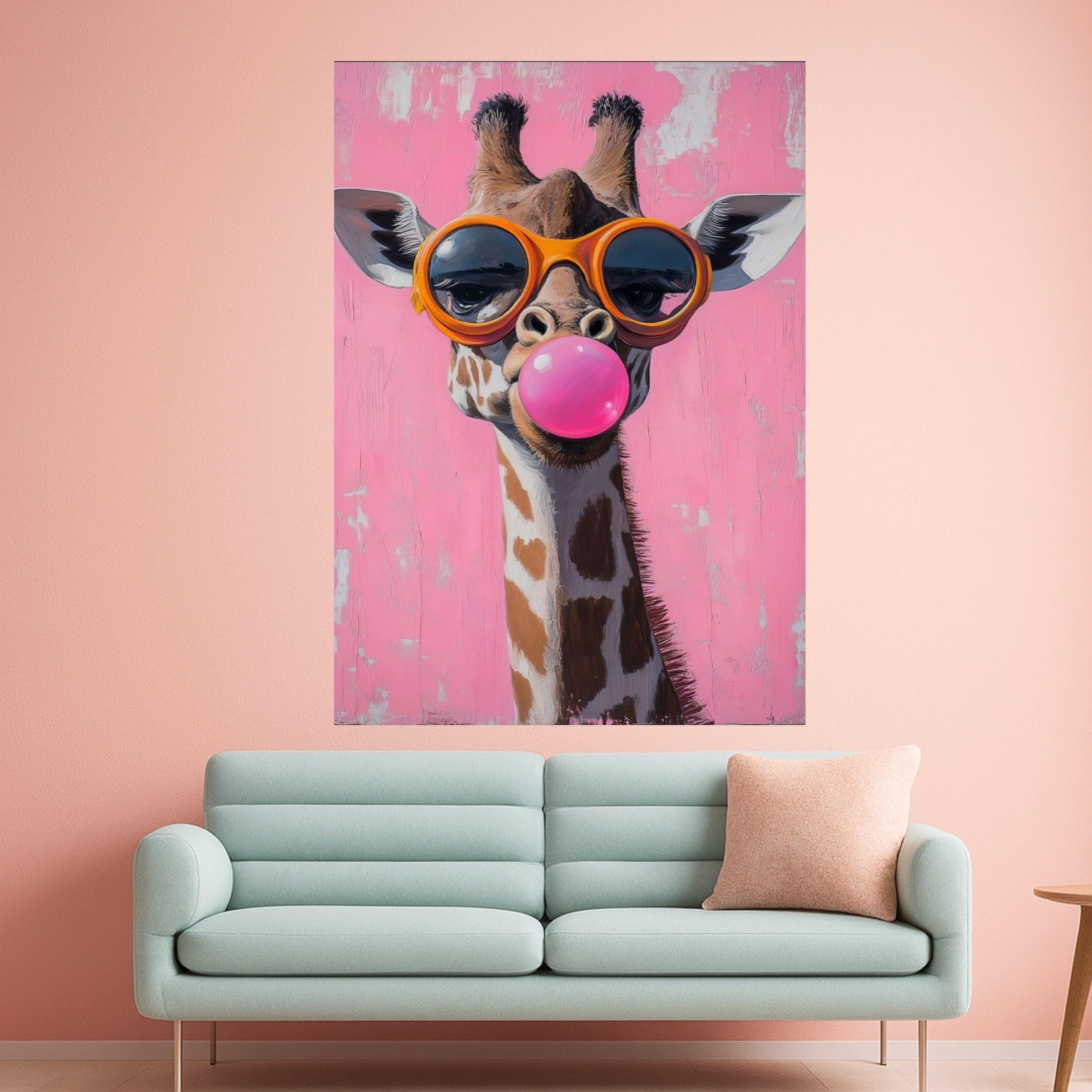 Playful Giraffe with Bubblegum Pink Pop Art Canvas, Funny Animal Wall Decor, Quirky Kids Room Canvas Art, Modern Home Ready To Hang,