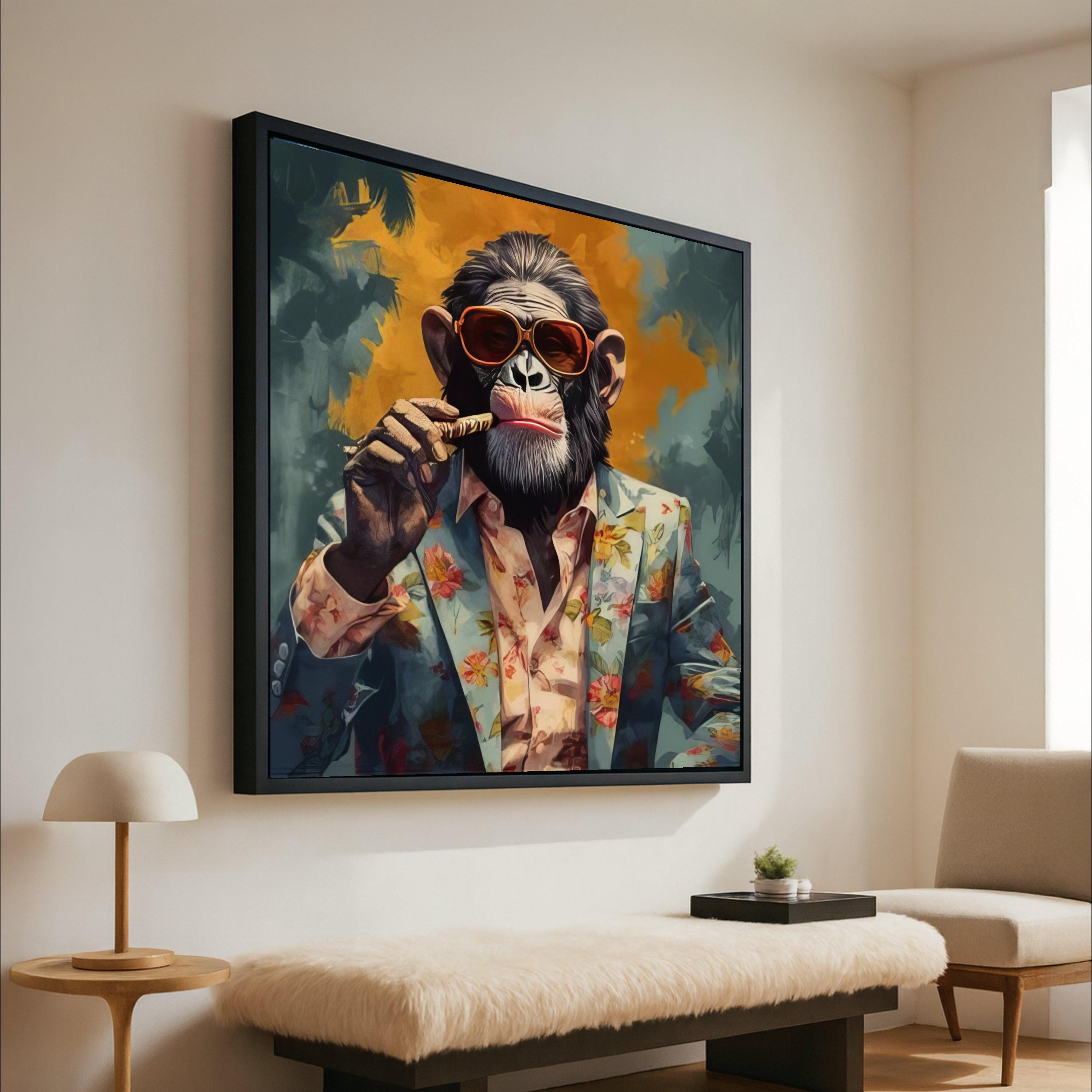 Cool Chimpanzee Canvas Print – Funky Animal Wall Art Ready to Hang – Bold Pop Wall Decor – Humorous Wall Decoration