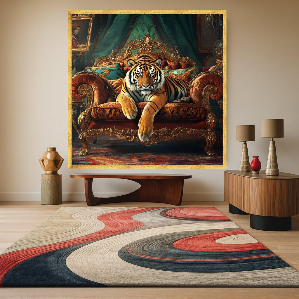 Tiger on Royal Sofa Canvas Print – Luxury Jungle Wall Art Ready to Hang – Bold Animal Wall Decor – Statement Wall Decoration