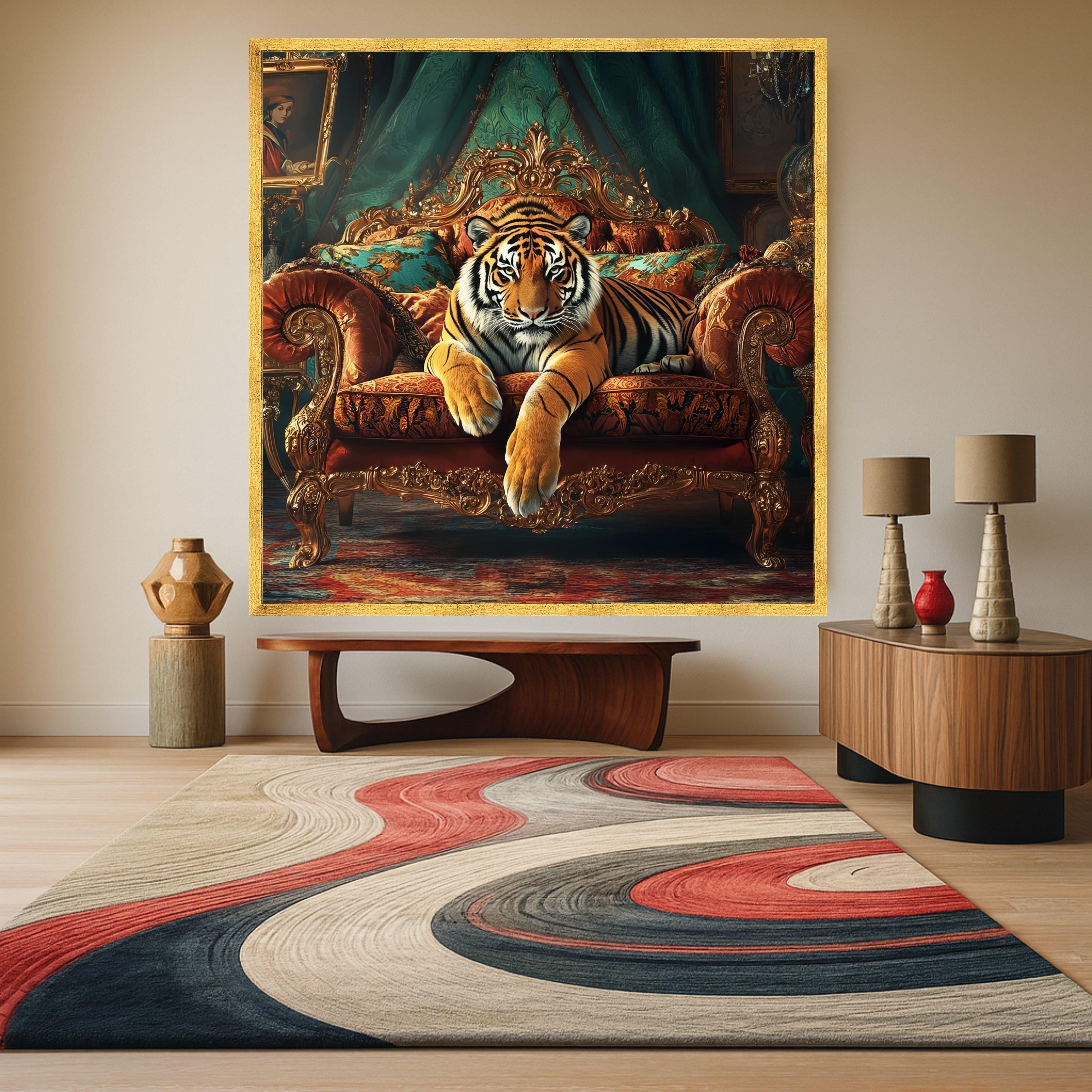 Tiger on Royal Sofa Canvas Print – Luxury Jungle Wall Art Ready to Hang – Bold Animal Wall Decor – Statement Wall Decoration