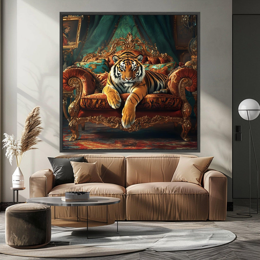 Tiger on Royal Sofa Canvas Print – Luxury Jungle Wall Art Ready to Hang – Bold Animal Wall Decor – Statement Wall Decoration