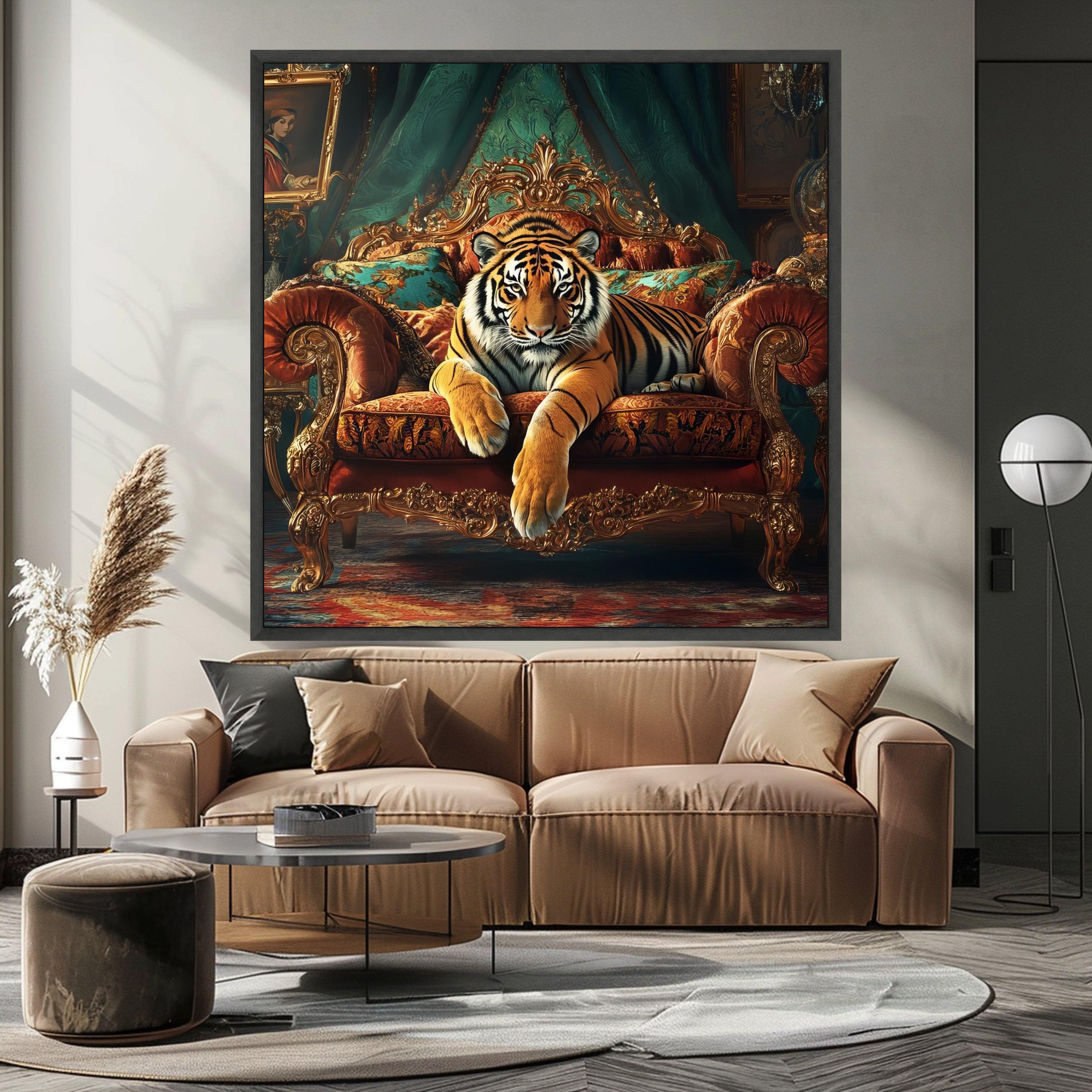 Tiger on Royal Sofa Canvas Print – Luxury Jungle Wall Art Ready to Hang – Bold Animal Wall Decor – Statement Wall Decoration