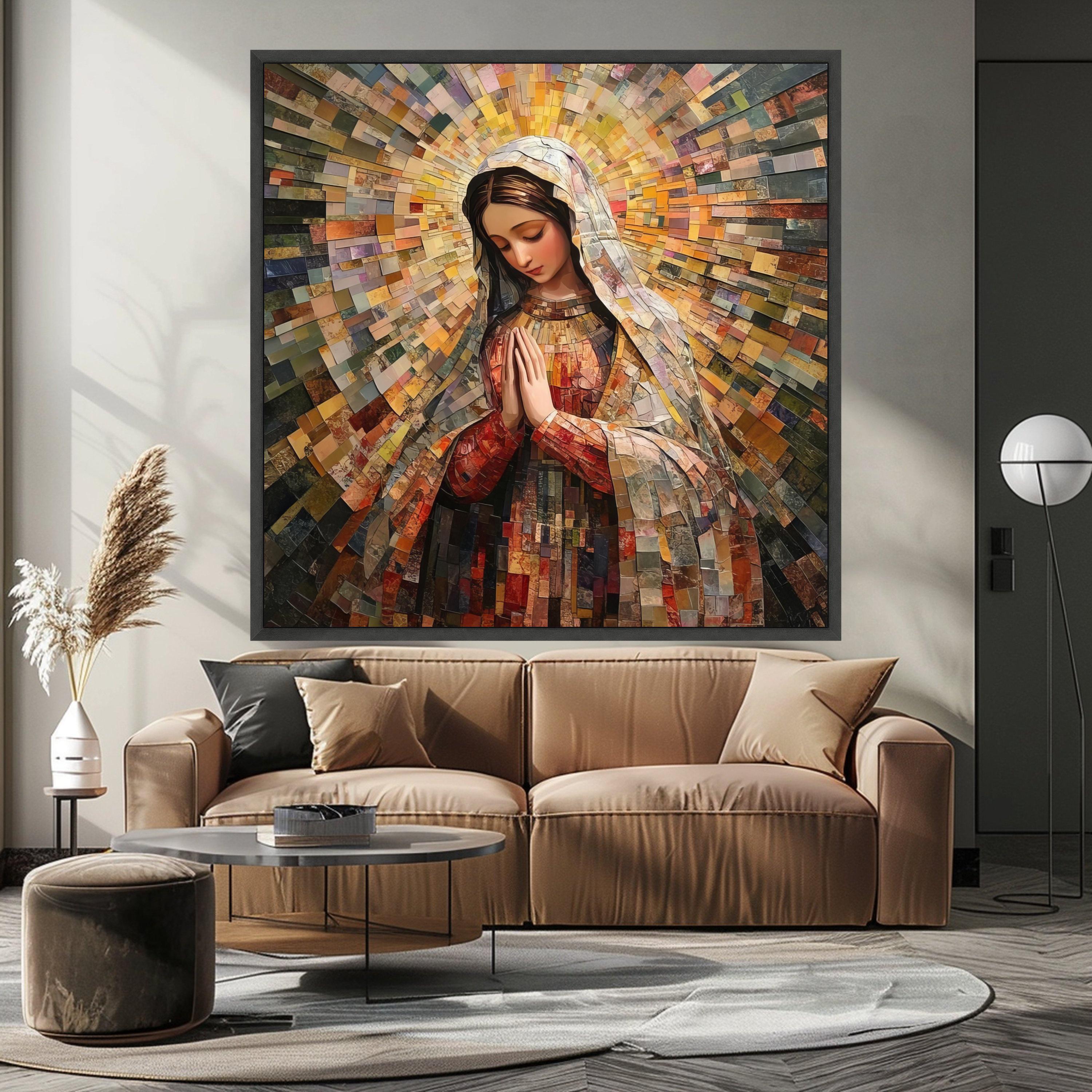 Virgin Mary Mosaic Canvas Print – Religious Wall Art Ready to Hang – Catholic Wall Decor – Sacred Christian Wall Decoration